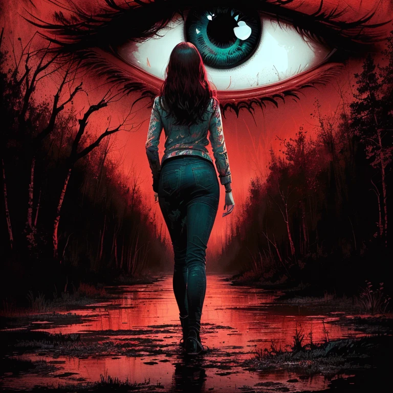 Image of a woman in her 50s walking through a swamp under a red sky, detailed 4k Horror Artwork, horror movie poster art, Horror movie poster style, Horror illustration, horror poster, Sharp Eye, Focus on women, creepy eyes, God's Eye, ( ( ( Horror Art ) ) ), Dan Mumford&#39;s Artwork Style, large  Horror Artwork