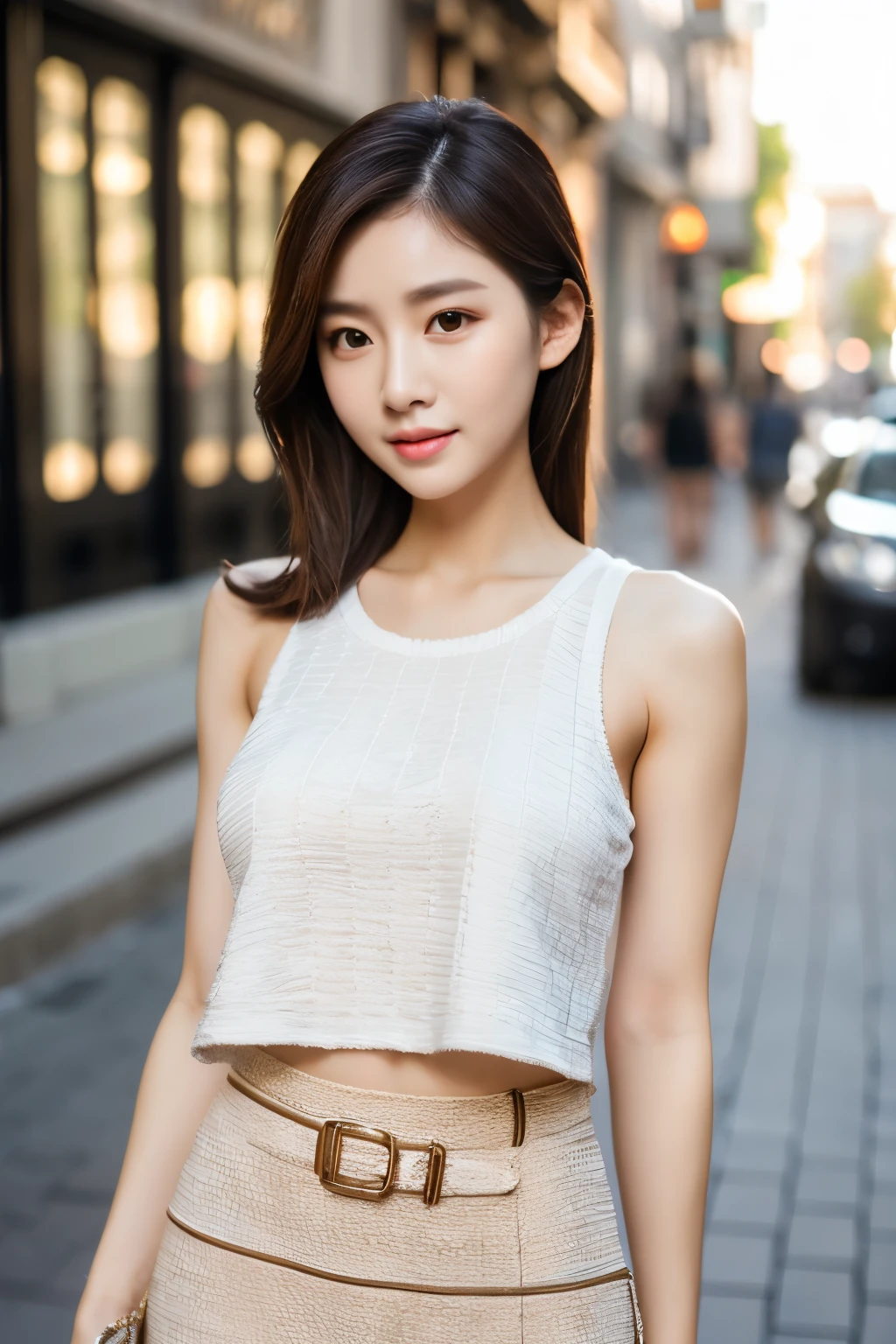 a lady, Photorealsitic, Natural skin, Natural lips, Natural eyebrows, depth of fields, ccurate, Super Detail, Best Quality, hight resolution, Anatomically correct, Textured skin, high details, High quality, tanktop, short skirt, full body, street of country