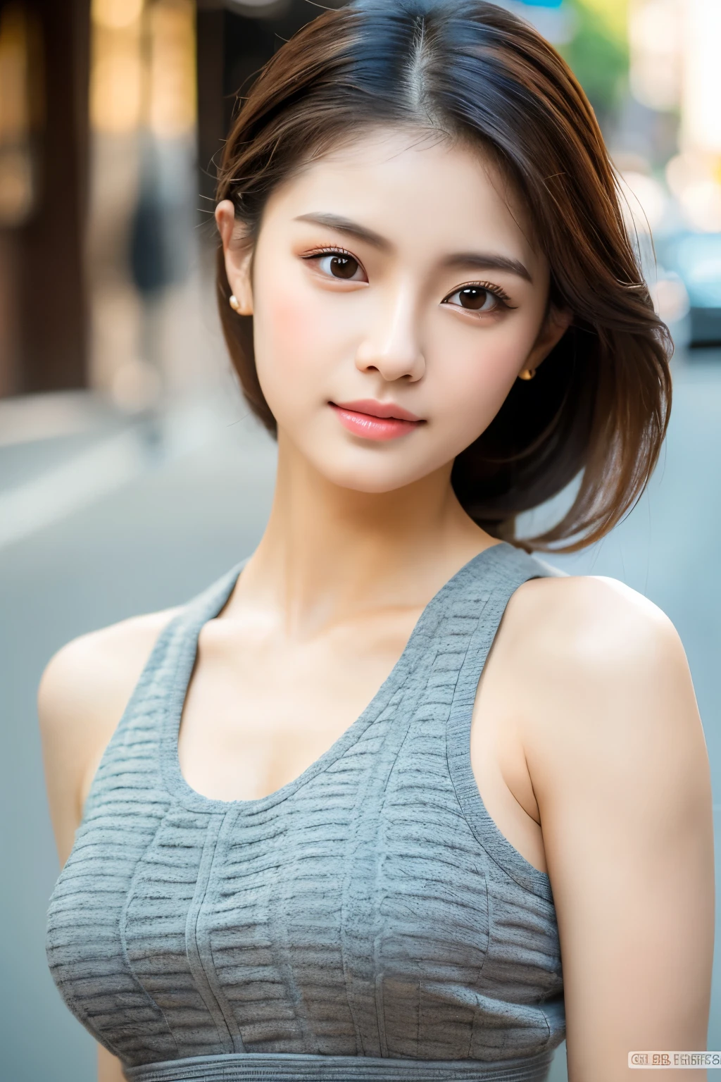 a lady, Photorealsitic, Natural skin, Natural lips, Natural eyebrows, depth of fields, ccurate, Super Detail, Best Quality, hight resolution, Anatomically correct, Textured skin, high details, High quality, tanktop, short skirt, full body, street of country