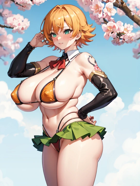 woman,,,Igawa Sakura,,Large Breasts,Big Ass,Embarrassed face,,uniform,,Red tie,Green Skirt,,pubic tattoo,Micro Bikini