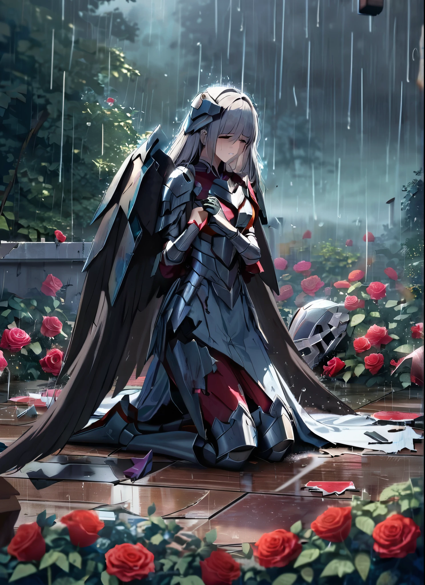 three girls, kneeling in the floor, wearing a ultra shattered and ultra broken cute skimpy angelical armor, lot of missing pieces, ,ultra long wings, very damaged armor ,ripped clothes, broken helmet ,broken shield and broken sword, in tears, sad, dramatic scene, tears flowing in the face, garden, roses, rain, ultra detailed face