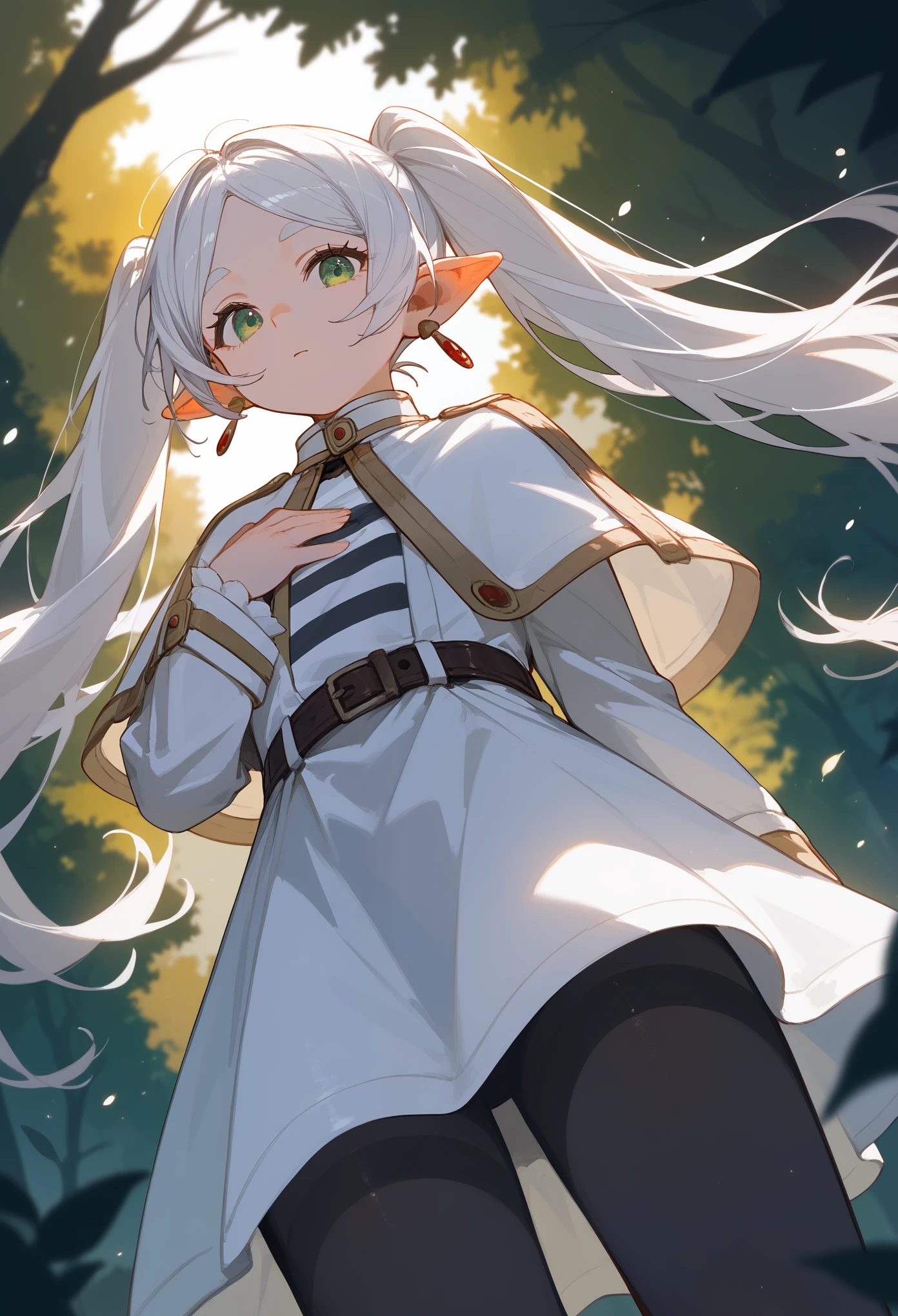 (score_9, score_8_up, score_7_up), 1girl, solo, FrierenBase, green eyes, white hair, long hair, twintails, earrings, white capelet, striped shirt, black stripes, long sleeves, belt, white skirt, black pantyhose, looking at viewer, from below, hand on chest, delicate hands, forest, night, sharp focus, masterpiece, best quality.
