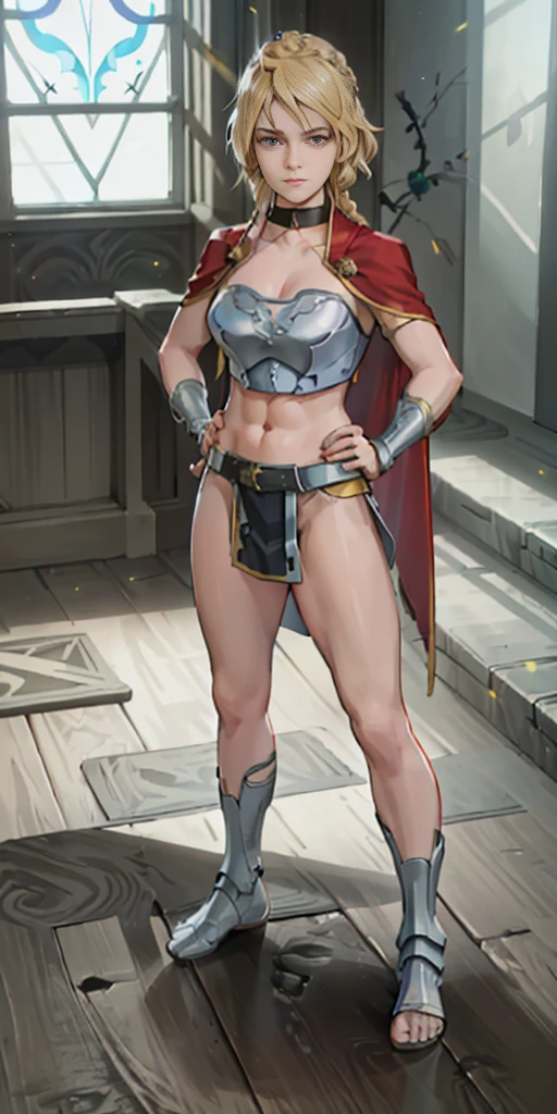 Female wearing tight gantz suit armor torn apart, black collar, corset, navel, abs, single braid, blonde, yellow glowing eyes, bright pupils, eye focus, red cape, temple indoors, stained glass windows, night, moonlight, particles, light beam, chromatic aberration, (full body, whole body. 1solo (girl) slave fighter, loincloth standing, hands on hips full body, whole body, 1solo (girl). slave fighter, standing, hands on hips, choker, big belt, view from below, feet together, bracers, tiara)
