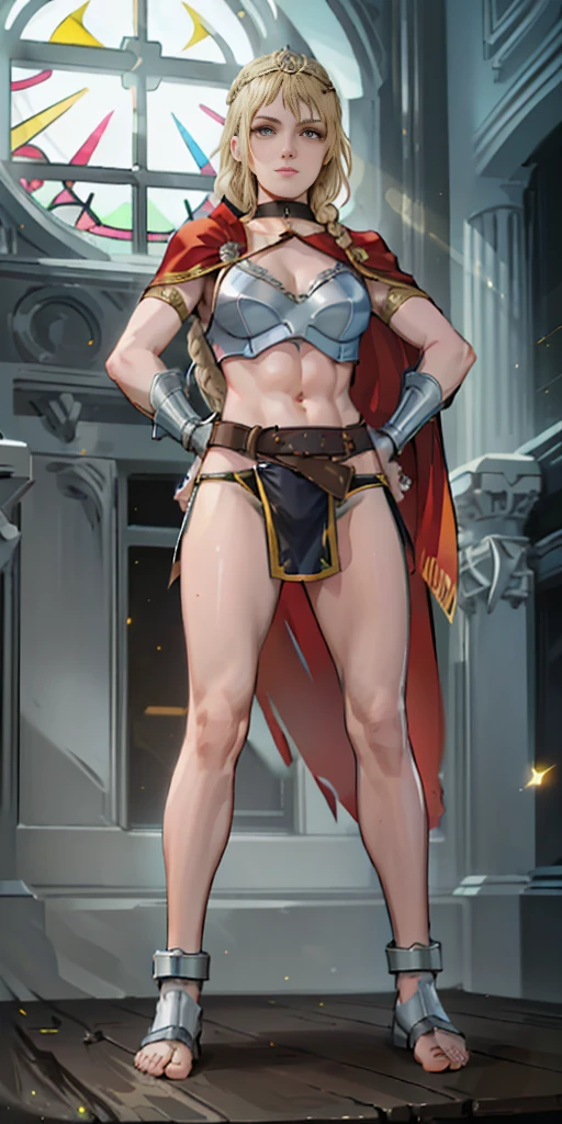 Female wearing tight gantz suit armor torn apart, black collar, corset, navel, abs, single braid, blonde, yellow glowing eyes, bright pupils, eye focus, red cape, temple indoors, stained glass windows, night, moonlight, particles, light beam, chromatic aberration, (full body, whole body. 1solo (girl) slave fighter, loincloth standing, hands on hips full body, whole body, 1solo (girl). slave fighter, standing, hands on hips, choker, big belt, view from below, feet together, bracers, tiara)