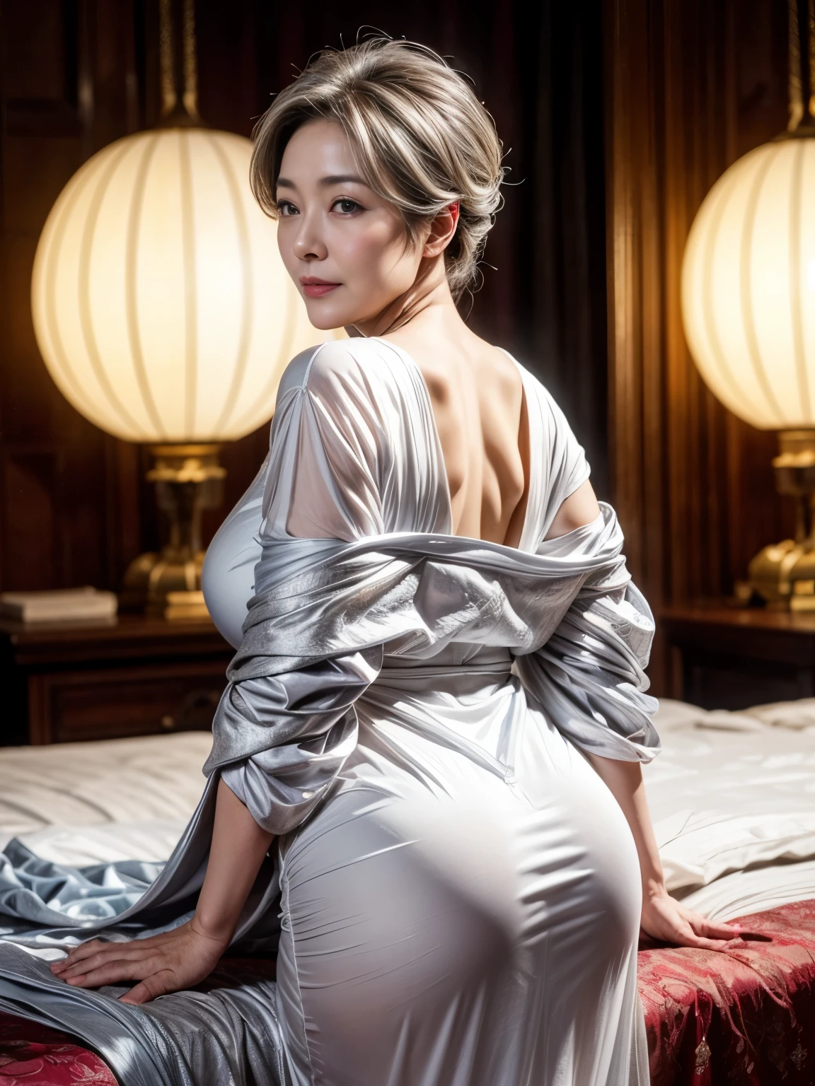 50 year old mature woman、Classy sex appeal、Beautiful woman、sexy、Beautiful butt high quality、透明Whitening skin、Perfect natural light、8K High Resolution、High resolution、Glowing Beautiful Skin、Transparent beauty、Realistic、Whitening skin、masterpiece、Moist eyes、Nasolabial folds、Bright spot、Gravure quality、Floral、Silver Hair、Fantastic other world、Wearing noble robes、royal hall hall、Beautiful gown、Plump body shape