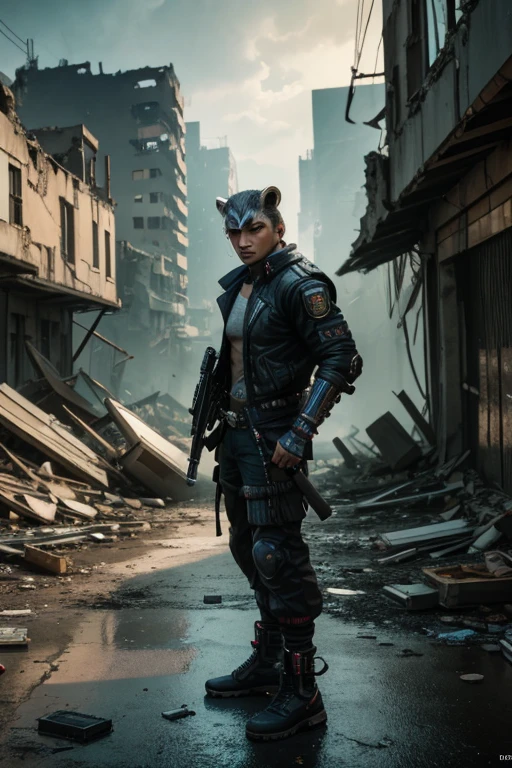 A cyberpunk anthropomorphic rocky raccoon marvel Inu warrior holding an assault rifle,Standing among the ruins of a dilapidated urban environment,Behind are collapsed buildings and broken walls,Dramatic light,Dark and eerie atmosphere,Fine details,Best quality,8k,high resolution,(masterpiece:1.2),Super Detail,(1.4x more realism),HDR,Professional Studio Lighting,Ultra-fine,Clear depth of field,Physically Based Rendering,Extremely detailed description,Professional,Vivid colors,Film texture