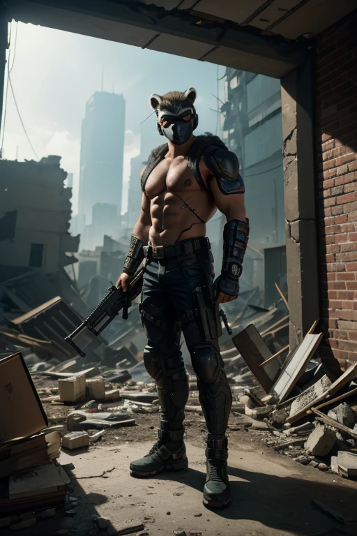 A cyberpunk anthropomorphic rocky raccoon marvel Inu warrior holding an assault rifle,Standing among the ruins of a dilapidated urban environment,Behind are collapsed buildings and broken walls,Dramatic light,Dark and eerie atmosphere,Fine details,Best quality,8k,high resolution,(masterpiece:1.2),Super Detail,(1.4x more realism),HDR,Professional Studio Lighting,Ultra-fine,Clear depth of field,Physically Based Rendering,Extremely detailed description,Professional,Vivid colors,Film texture