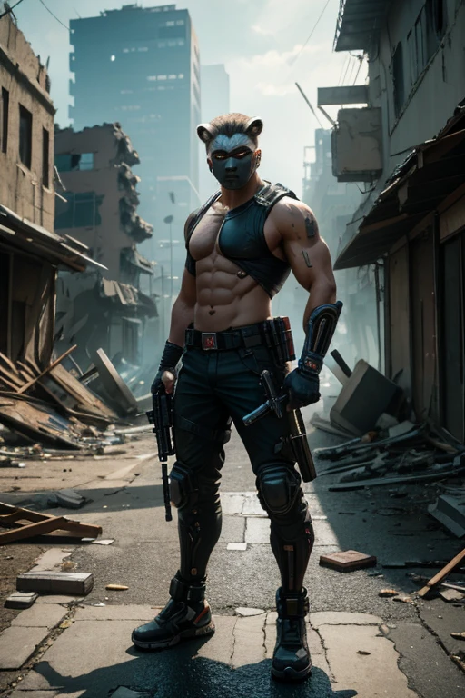 A cyberpunk anthropomorphic rocky raccoon marvel Inu warrior holding an assault rifle,Standing among the ruins of a dilapidated urban environment,Behind are collapsed buildings and broken walls,Dramatic light,Dark and eerie atmosphere,Fine details,Best quality,8k,high resolution,(masterpiece:1.2),Super Detail,(1.4x more realism),HDR,Professional Studio Lighting,Ultra-fine,Clear depth of field,Physically Based Rendering,Extremely detailed description,Professional,Vivid colors,Film texture