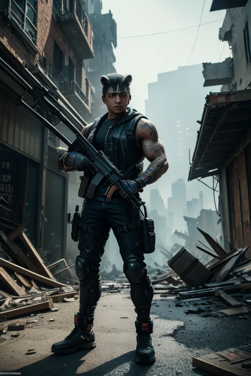 A cyberpunk anthropomorphic rocky raccoon marvel Inu warrior holding an assault rifle，Standing among the ruins of a dilapidated urban environment，Behind are collapsed buildings and broken walls，Dramatic light，Dark and eerie atmosphere，Fine details，Best quality，8k，high resolution，(masterpiece:1.2)，Super Detail，(1.4x more realism)，HDR，Professional Studio Lighting，Ultra-fine，Clear depth of field，Physically Based Rendering，Extremely detailed description，Professional，Vivid colors，Film texture