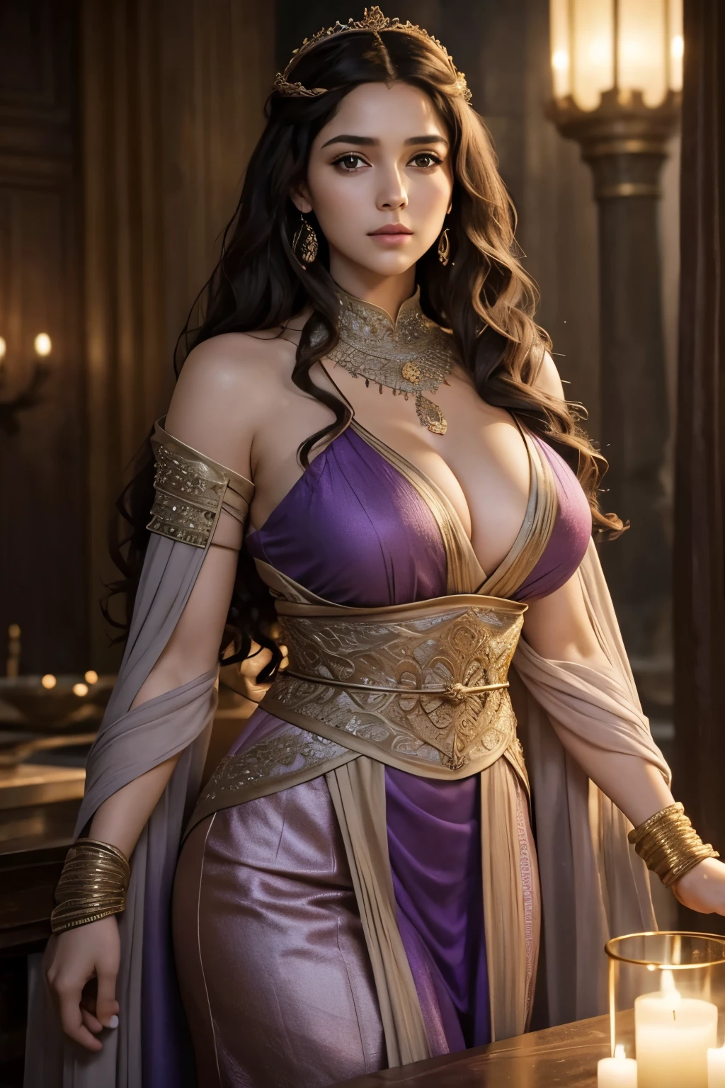 a woman who is the queen of qarth from game of thrones, she has long and very curly brown hair, brown skin, and a BEAUTIFUL, exotic lavender gold gown inspired by the traditions of qarth with detailed and intricate patterns and a look as if it's from another world, magnificent, dark brown eyes, adult, hot, crown, high quality, adult with a mature face and curvy body, make her intimidating and looking forward, include a warm environment