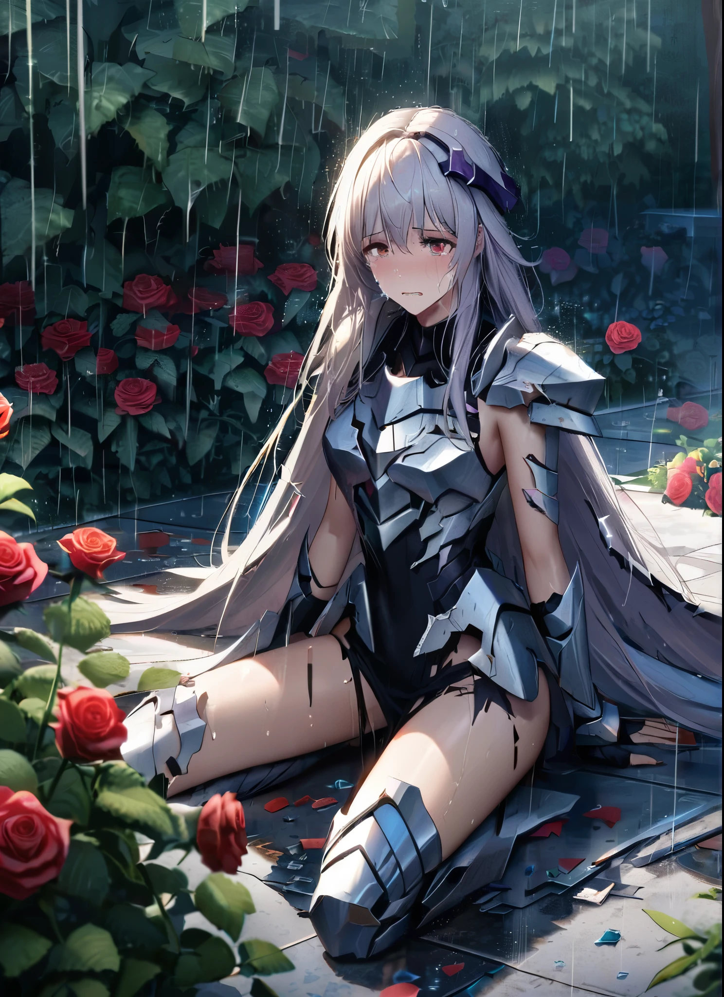 three girls, kneeling in the floor, wearing a ultra shattered and ultra broken cute skimpy angelical armor, lot of missing pieces, ,ultra long wings, very damaged armor ,ripped clothes, broken helmet ,broken shield and broken sword, in tears, sad, dramatic scene, tears flowing in the face, garden, roses, rain, ultra detailed face