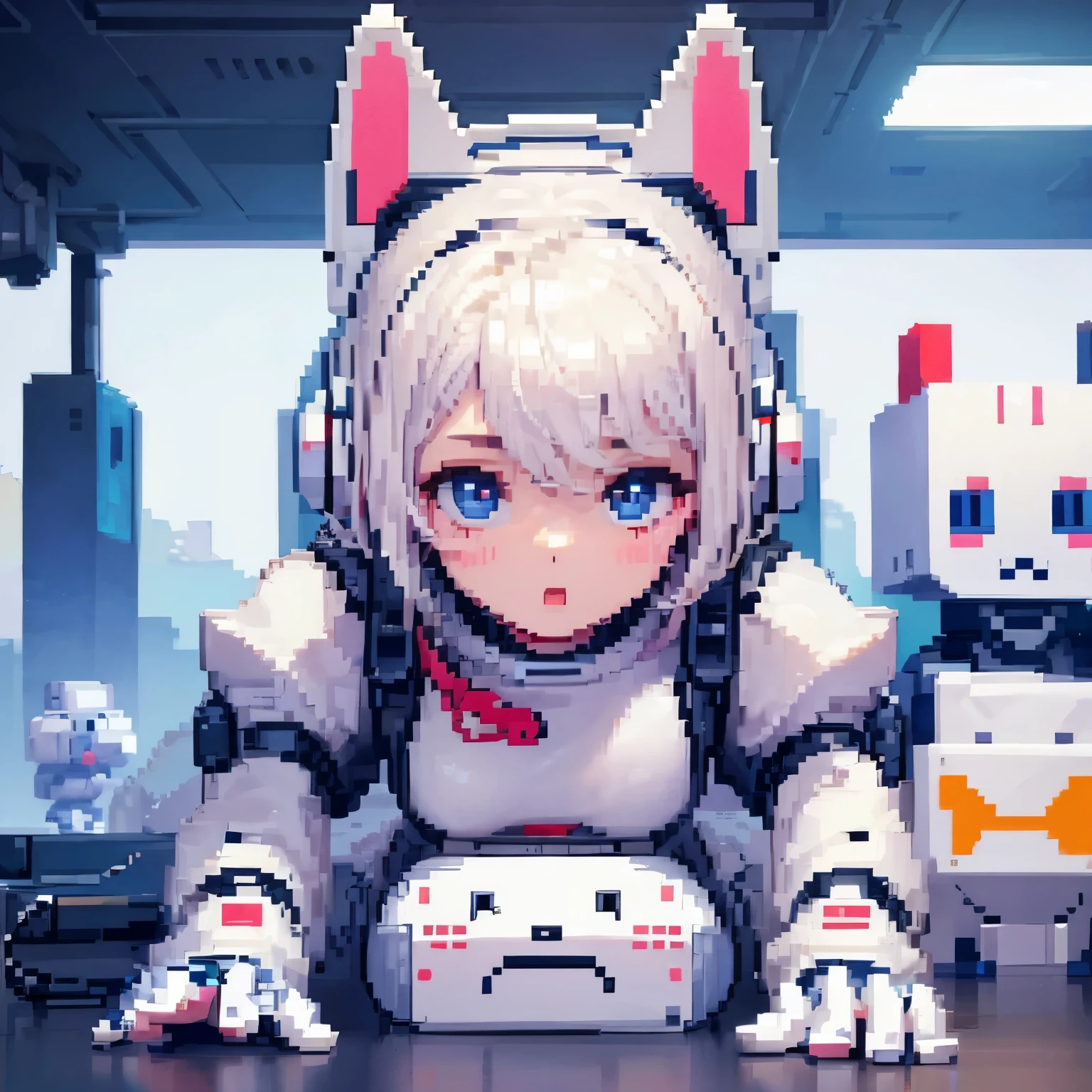 pixel art, cute white robot dog, cute, game, focus on face, 