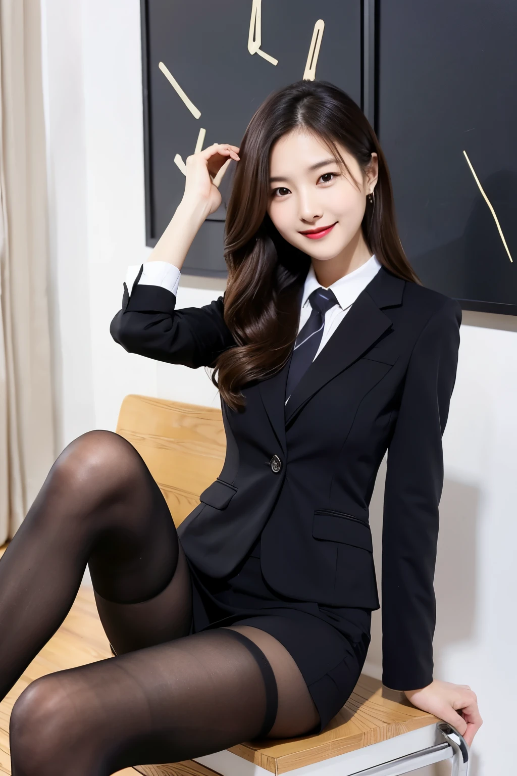 highest quality, Full body portrait, Delicate face, Pretty face, Slim figure, Office Lady Uniform,Office Clothes, Black Pantyhose, Wavy long hair,Adorable,smile,Long legs,Sitting pose,High heels