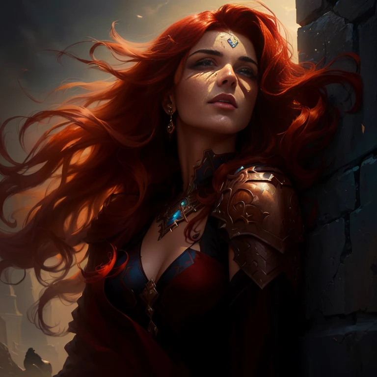 Arabian woman with red hair and blue eyes leaning against a wall, Epic fantasy digital art style, Character art by Charlie Bowter, Charlie Bowter: Rich and deep colors, Bastien Lucouf d'Armes, Fantasy Portrait, epic fantasy art portrait, Epic fantasy art style, Epic fantasy style art, Gorgeous digital painting, by Bastien L. Number 10