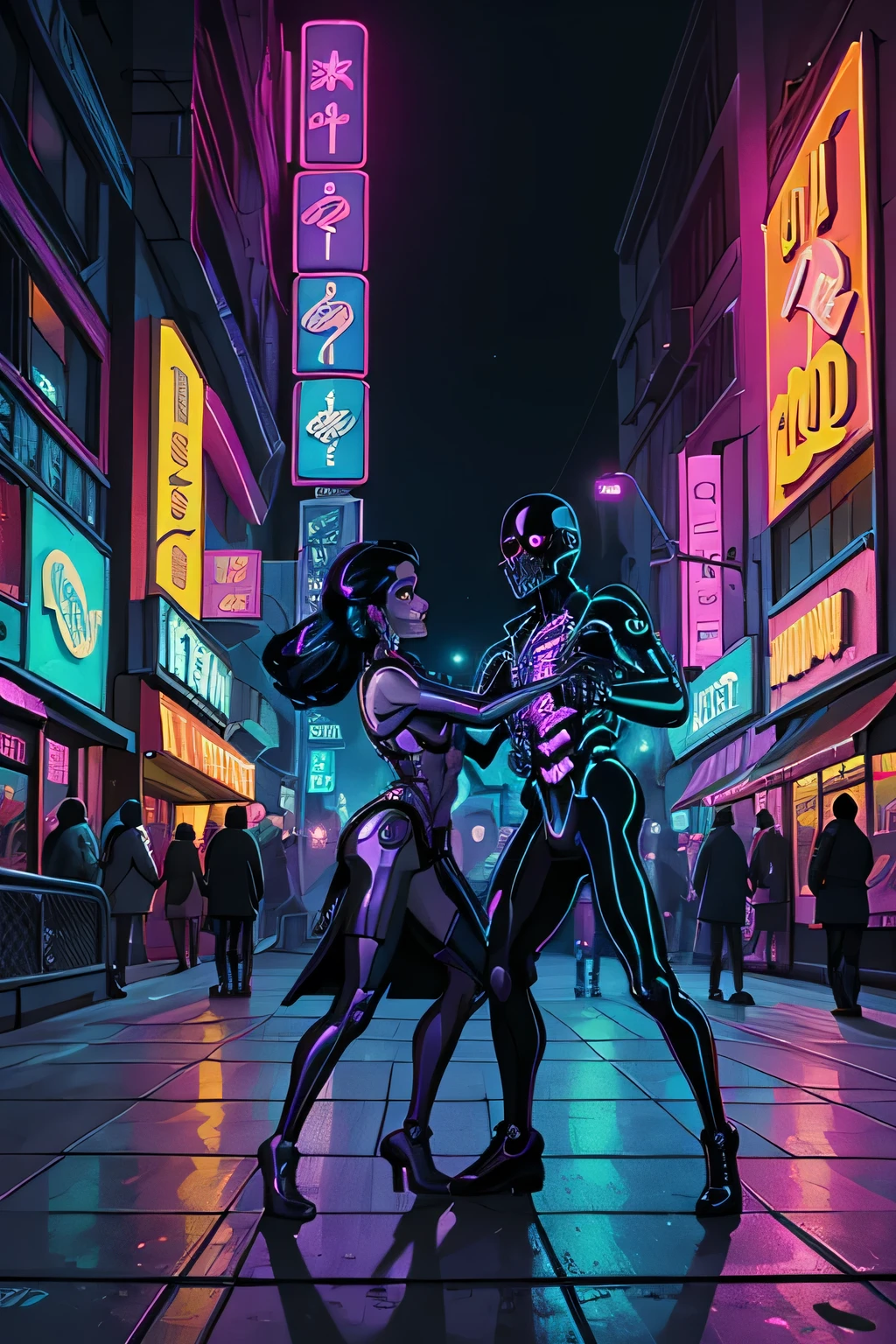 (a couple of) cyberpunk-style skeletons dancing tango in the middle of a neon-colored street at night, (with) glowing neon lights, (a) futuristic cyberpunk city backdrop, (with) detailed skeletal structure, (and) intricate dance poses, (emphasizing) electrifying atmosphere (and) dynamic movement, (with) vibrant neon colors (and) dark shadows, (depicting) street signs (and) billboards flickering with neon lights, (and) swirling smoke (from) effervescent vaporizers, (showcasing) holographic advertisements, (and) shiny metallic surfaces, (creating) a mysterious and alluring ambiance, (with) complex patterns (and) graffiti on the walls, (and) flickering neon lamp posts, (culminating in) a mesmerizing and futuristic aesthetic. (Best quality, highres, realistic, cyberpunk-themed, neon-colored, vibrant, dynamic lighting)