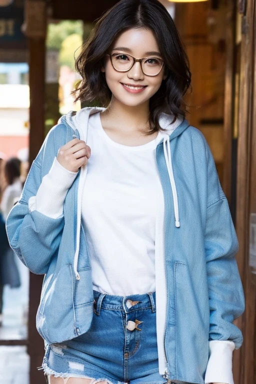 Cute woman、plump body、Stylish T-shirt、Denim shorts、Wavy short hair、Pastel colored hoodie jacket、High definition、4K resolution、Photorealistic、tourist spot、smile、Glasses、Sweating