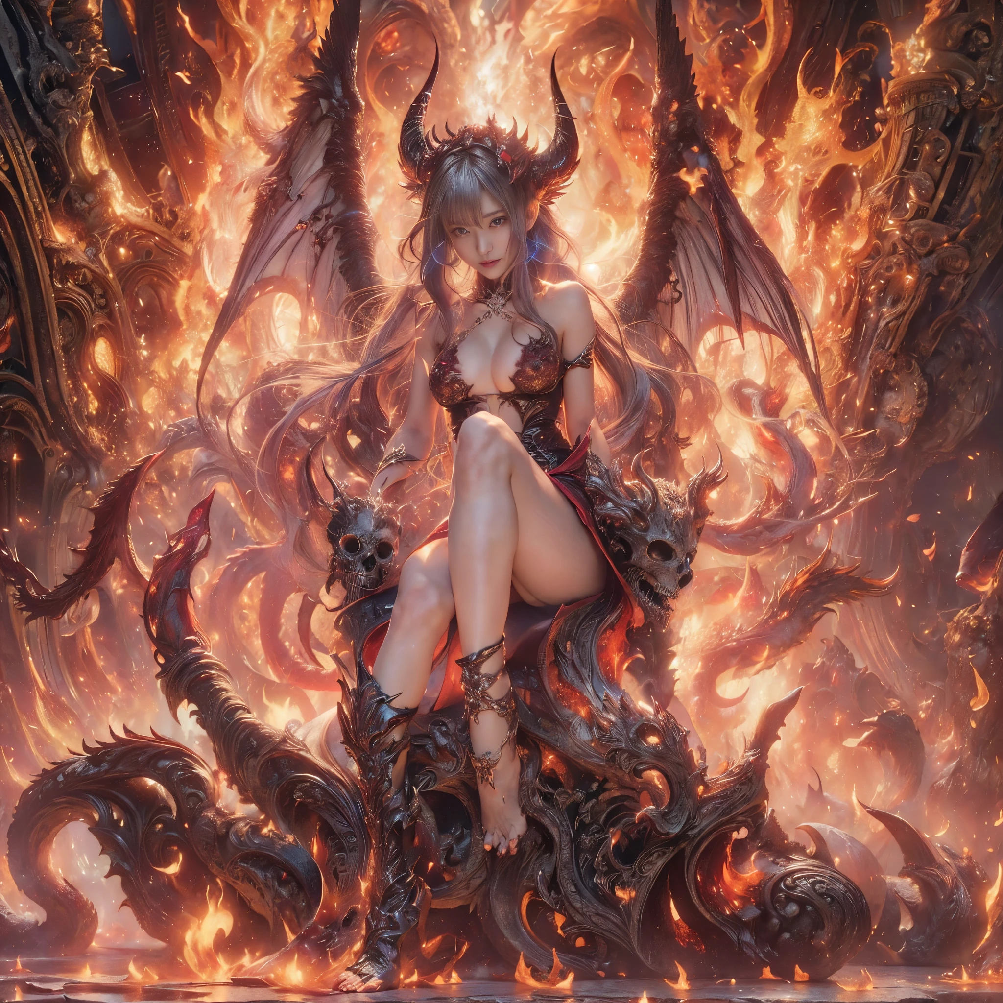 (((8k RAW photo, hyper realistic, masterpiece, best quality, crisp detail, high definition, high detail, very rich detail, sharp focus, sharp detail, colorful, rich color, cinematic, perfect studio lightning, full body photograph))), ((fully naked young kasumi arimura, fully nude, smooth body)), ideal body, naughty smile,((big breast, (spreading legs, wide opening legs on the devil throne), (showing (pussy, vagina, nipples))), ((scorching fire hair)), holding really big long fire sword, ((wide diabolos wings, burned diabolos tail)), ((very long sharp claws)), ((in fire cavern of a volcano)), (hundreds of ( skull, bone) on floor), (naked female fire devils behind)