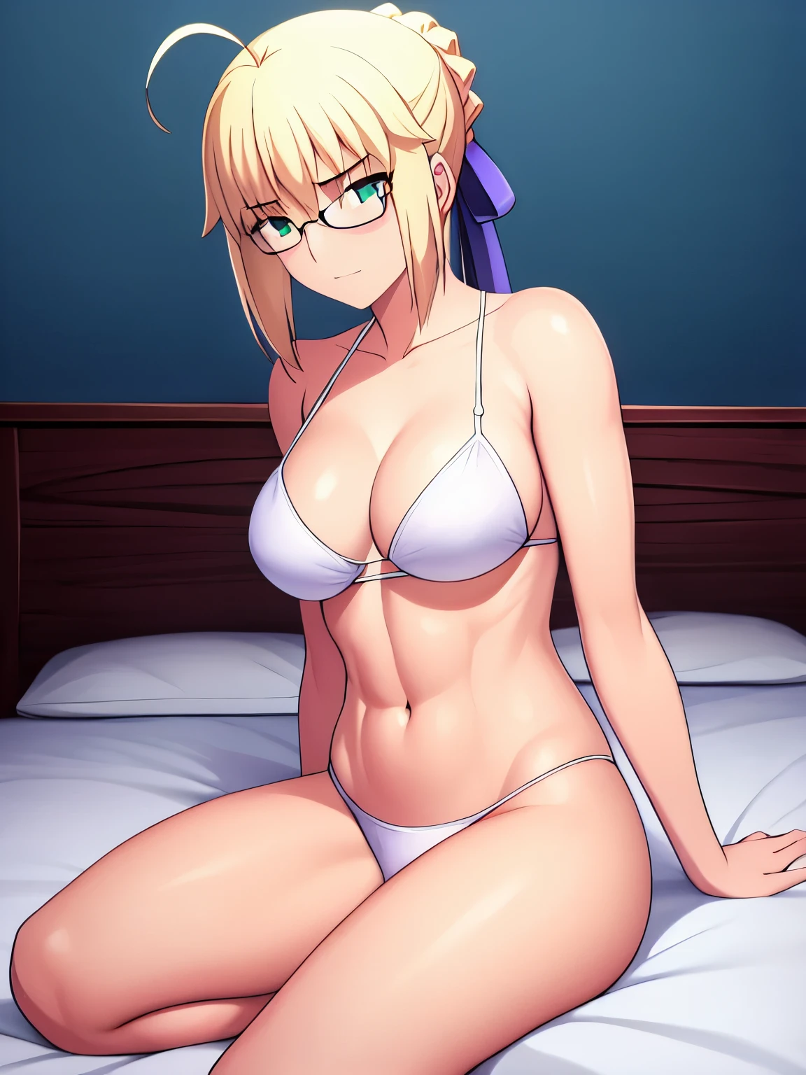 best quality, masterpiece, highres, ray_tracing_graphic, solo, adult_female, {saber_fatestaynightufotable:1.15}, blonde_hair, little_ahoge, green_eyes, blue_ribbon, 1girl, anime_coloring, kuudere_face, glasses, five_fingers, blush, large_breasts, official_white_bikini, blue_straps, from_the_front, sit, bed, dark_room, night_time, looking_at_viewer, oily_skin, sixpack_abs, wet