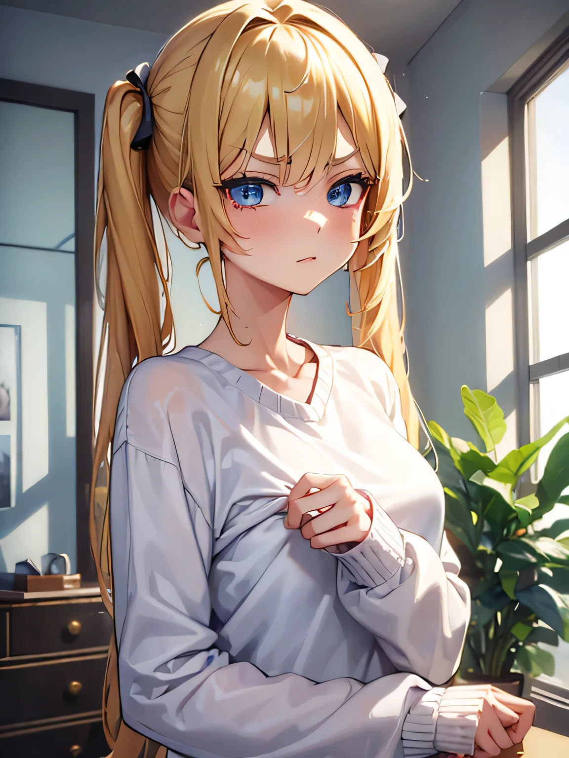 (masterpiece, best quality:1.4), 8k, messy twin tail Blonde Hair Mature medium chest glaring annoyed anime girl with blue Eyes in the Livingroom wearing a white sweater (detailed eyes and face, sharp pupils, realistic pupils:0.6)