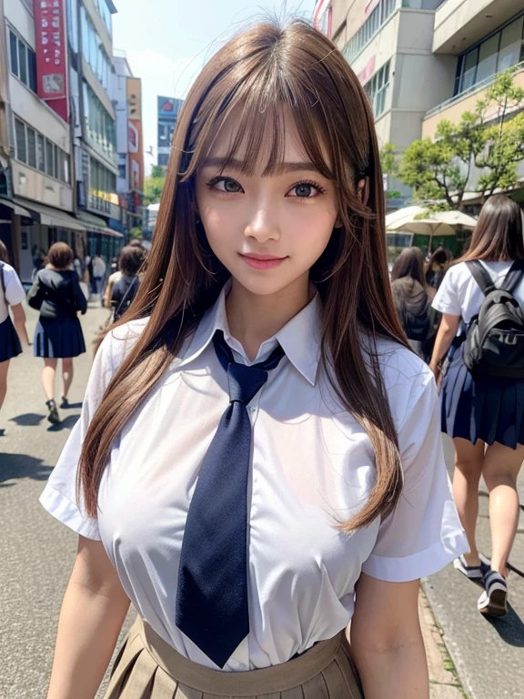 8k,highest quality, masterpiece, Super detailed, 超High resolution, Realistic, RAW Photos, Absurd, The absolute solution, One girl, Upper Body Shot, View your viewers,Young and beautiful woman in Japan, Super cute face, Attractive person, Large Breasts,Long Bob Hair,smile,(school uniform:1.3),Beautiful Eyes,(the wind is strong:1.3), Walking down a crowded street with a smile on your face,Glossy Lips, Double eyelids on both eyes, Natural Makeup, Long eyelashes, shiny smooth light brown Long Bob Hair, Asymmetrical bangs, Shiny skin, Center image, High resolution, Attention to detail, Detailed hairstyle, Detailed face, Great cinema lighting, Octane Rendering, Vibrant, Ultra-realistic, Perfect limbs, Perfect Anatomy