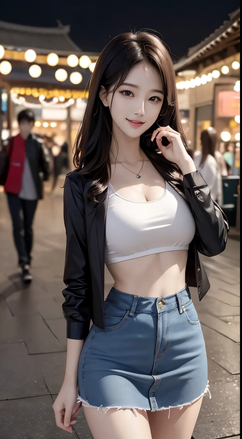 (8k, best quality, masterpiece:1,2), (realistic, photo-realistic:1,37), top quality, masterpiece, a beautiful woman, wearing a shirt for women crop v neck top white t-shirt korean fashion women t with a tight open gray color jacket, beautiful and toned body, cleavage, floral mini skirt, walking in the suburbs, slightly drizzling night background, in shops with Korean-style shop lights, night atmosphere, slightly wet asphalt, seductive smiles with dimples,