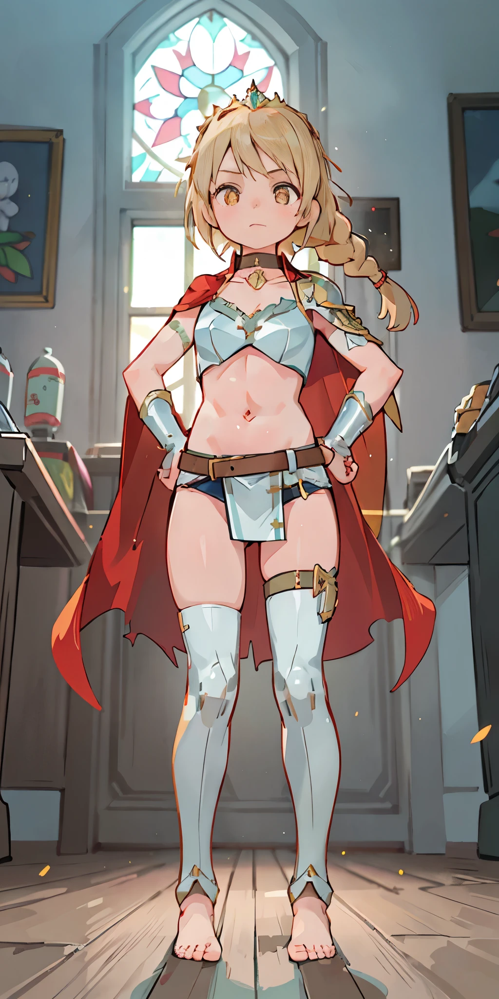 Female wearing tight gantz suit armor torn apart, black collar, corset, navel, abs, single braid, blonde, yellow glowing eyes, bright pupils, eye focus, red cape, temple indoors, stained glass windows, night, moonlight, particles, light beam, chromatic aberration, (full body, whole body. 1solo (girl) slave fighter, loincloth standing, hands on hips full body, whole body, 1solo (girl). slave fighter, standing, hands on hips, choker, big belt, view from below, feet together, bracers, tiara)