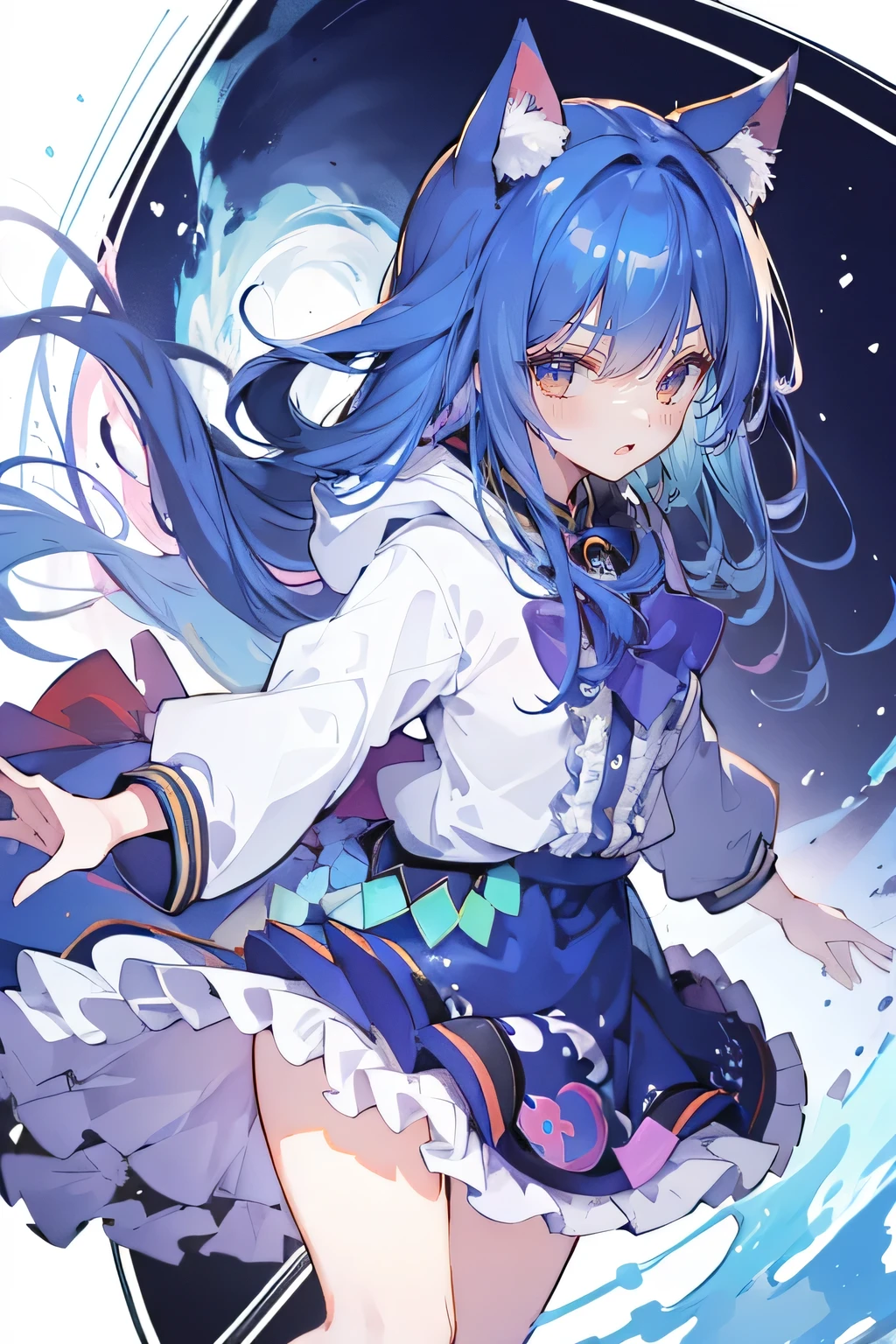 (masterpiece:1.uper detailed,lifelike,Expressive eyes,fair skin,perfect face shape,1 girl,
Japanese comics,Gorgeous blue hair,flowing blue hair,flowing clothes,Cat ears,Petals fall,beautiful lola,Baby Angel,
Shaking head with one hand,Cross your legs,Gentle and peaceful background,The pavilion is cool and comfortable,smile, wearing hoodie, background of tokyo,back views,snowing, winter.