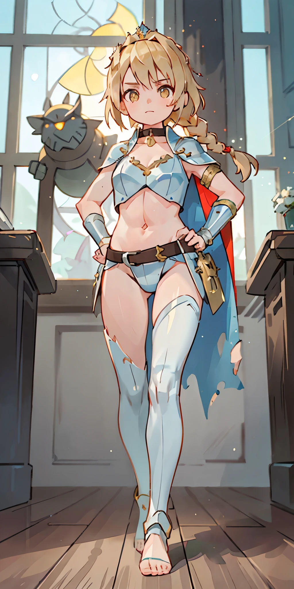 Female wearing tight gantz suit armor torn apart, black collar, corset, navel, abs, single braid, blonde, yellow glowing eyes, bright pupils, eye focus, red cape, temple indoors, stained glass windows, night, moonlight, particles, light beam, chromatic aberration, (full body, whole body. 1solo (girl) slave fighter, loincloth standing, hands on hips full body, whole body, 1solo (girl). slave fighter, standing, hands on hips, choker, big belt, view from below, feet together, bracers, tiara)