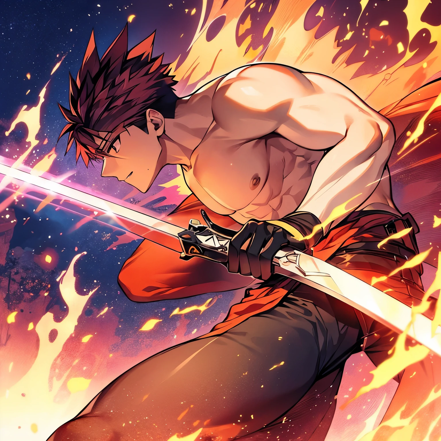 male,scared,Has a big sword,Soft Mohawk,wrapped in flame,