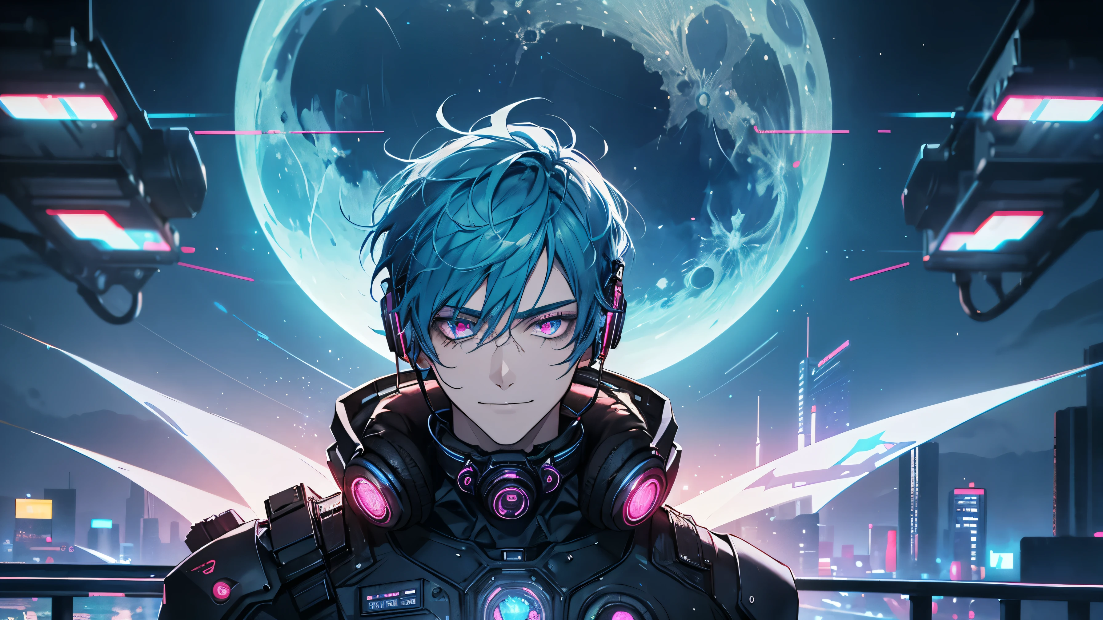 1boy, (extremely beautiful), solo, male focus, cyberpunk, neon lights, vibrant colors, headphones, Cyberpunk, neon, masterpiece, best quality, ultra-detailed, cyberpunk background, detail, in the starry night, moon, explosive and clear eyes, glowing eyes, beautiful details in the wind, little smile. thinking and watching the moon
