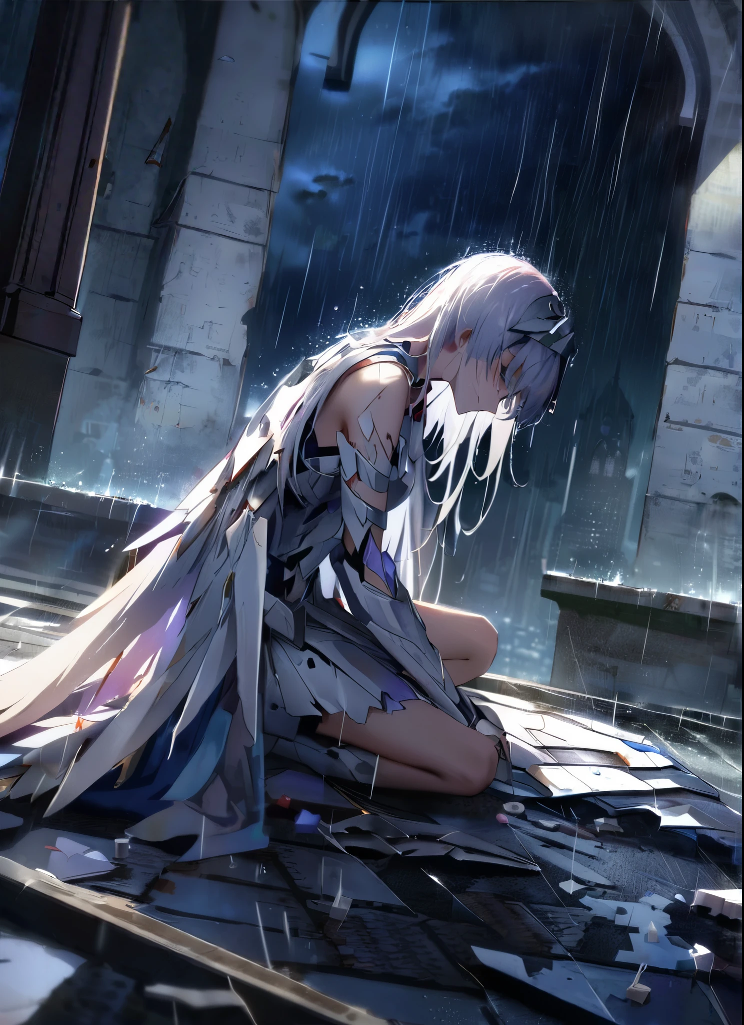 A girl, kneeling in the floor, wearing a ultra shattered and ultra broken skimpy angelical white armor, lot of missing pieces, ,ultra long wings, very damaged armor ,ripped clothes, broken helmet ,broken shield and broken sword, in tears, sad, dramatic scene, tears flowing in the face, church rooftop, nightsky, rain, ultra detailed face