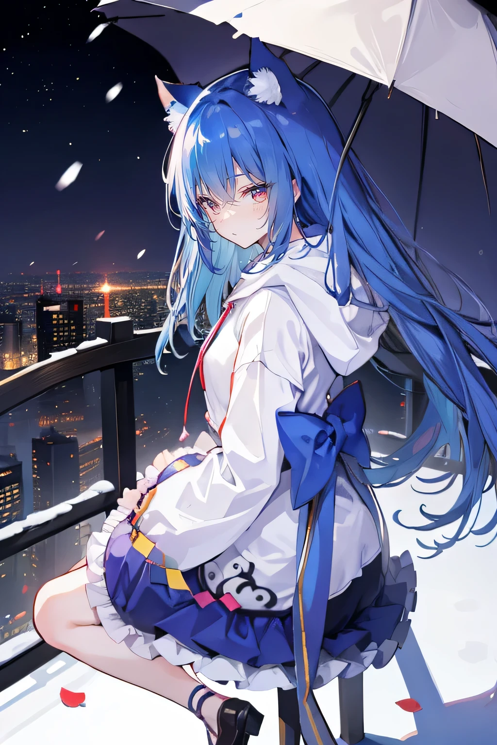 (masterpiece:1.2),Super detailed,lifelike,Expressive eyes,fair skin,perfect face shape,1 girl,
Japanese comics,Gorgeous blue hair,flowing blue hair,flowing clothes,Cat ears,Petals fall,beautiful lola,Baby Angel,
Shaking head with one hand,Cross your legs,Gentle and peaceful background,The pavilion is cool and comfortable,smile, wearing hoodie, background of tokyo,back views,snowing, winter.