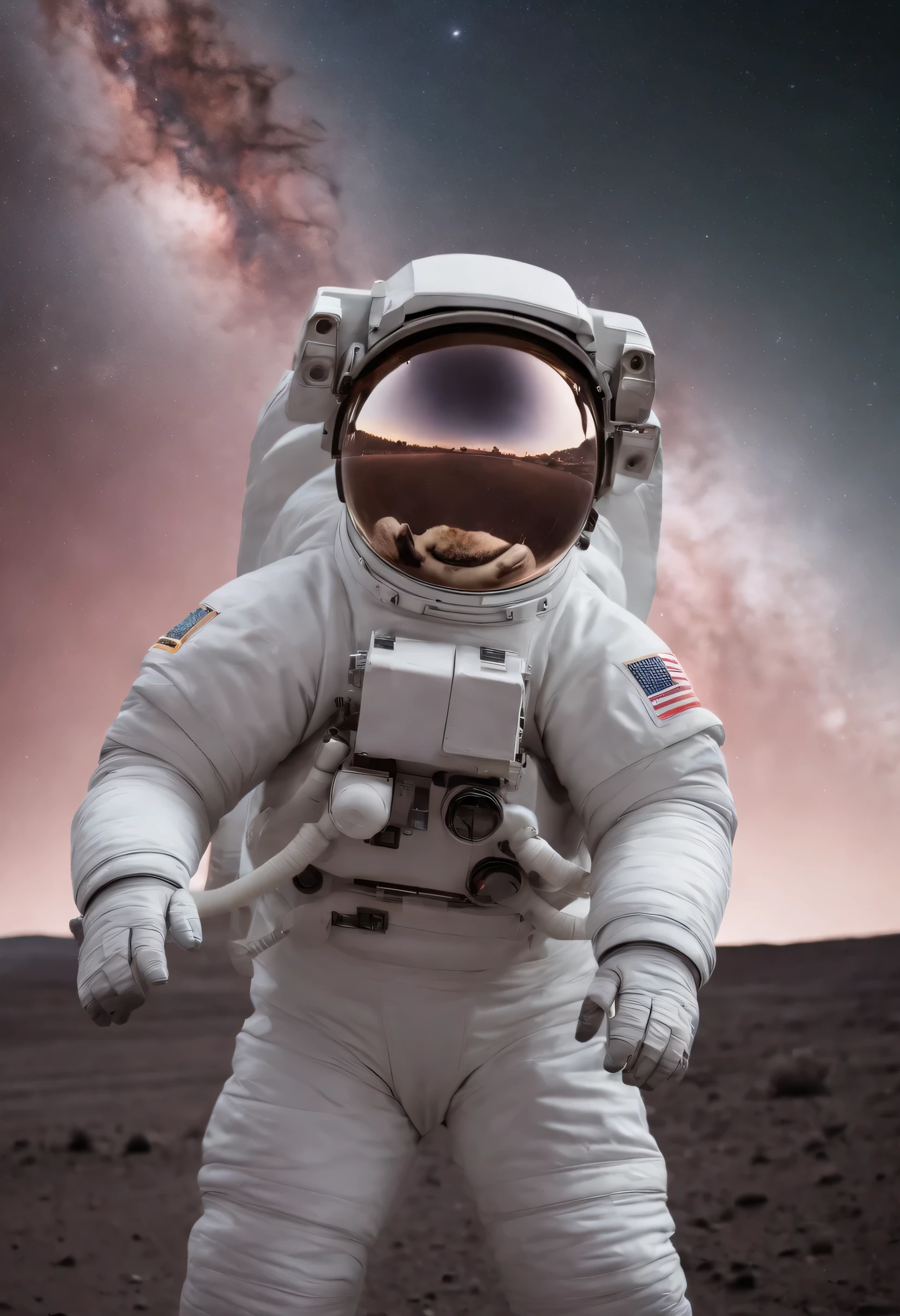 un astronauta caminando, vista frontal, detalles intrincados, galaxia rosada como fondo