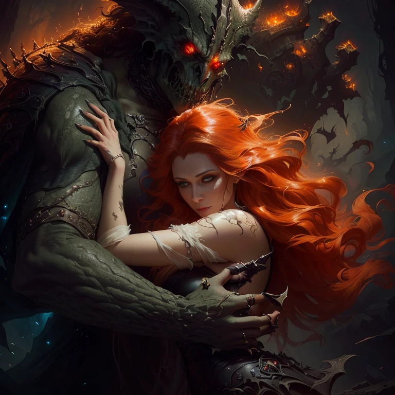 A beautiful woman lovingly holds a wounded monster in her arms, fantasy horror art, dark fantasy horror art, Horror fantasy art, Abaddon and Magali Villeneuve, Dark fantasy art, in style of Dark Fantasy Art, Dark Fantasy Artwork, Dark Fantasy Art, Karol Baak and Peter Mohrbacher, 4k fantasy art, dark fantasy illustration