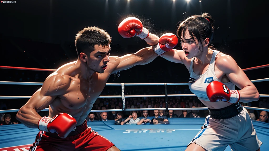 (best quality,4k,8k,highres,masterpiece:1.2),ultra-detailed,(realistic,photorealistic,photo-realistic:1.37),2_girls,boxing match,boxing ring,fighting,sweat and blood,determination,strong punches and powerful kicks,muscular bodies,adrenaline rush,victory in the air,powerful swings and jabs,energetic movement,fierce competition,athletic prowess,fast footwork and agility,intense rivalry,exciting crowd,blazing speed,swinging ropes,spotlights,punching gloves,fluid motion,endurance and stamina,face-off,corner men and coaches,cheering and clapping,aggressive fighting style,protective headgear,mouthguards,adrenaline-fueled race,unyielding resilience,competitive spirit,dynamic action,boxing fans,hard-hitting blows,noisy and intense atmosphere,battle for the championship,split-second reflexes,skilled footwork,ferocious hooks and uppercuts,feints and dodges,fighting for glory,fierce determination,boxing trunks,sweaty and tired bodies,body protection,bruised and bleeding faces,vibrant energy,unleashing their power,lit-up arena,unstoppable willpower,sweat-soaked ring,thunderous applause,unforgettable knockout moments,fighting for respect