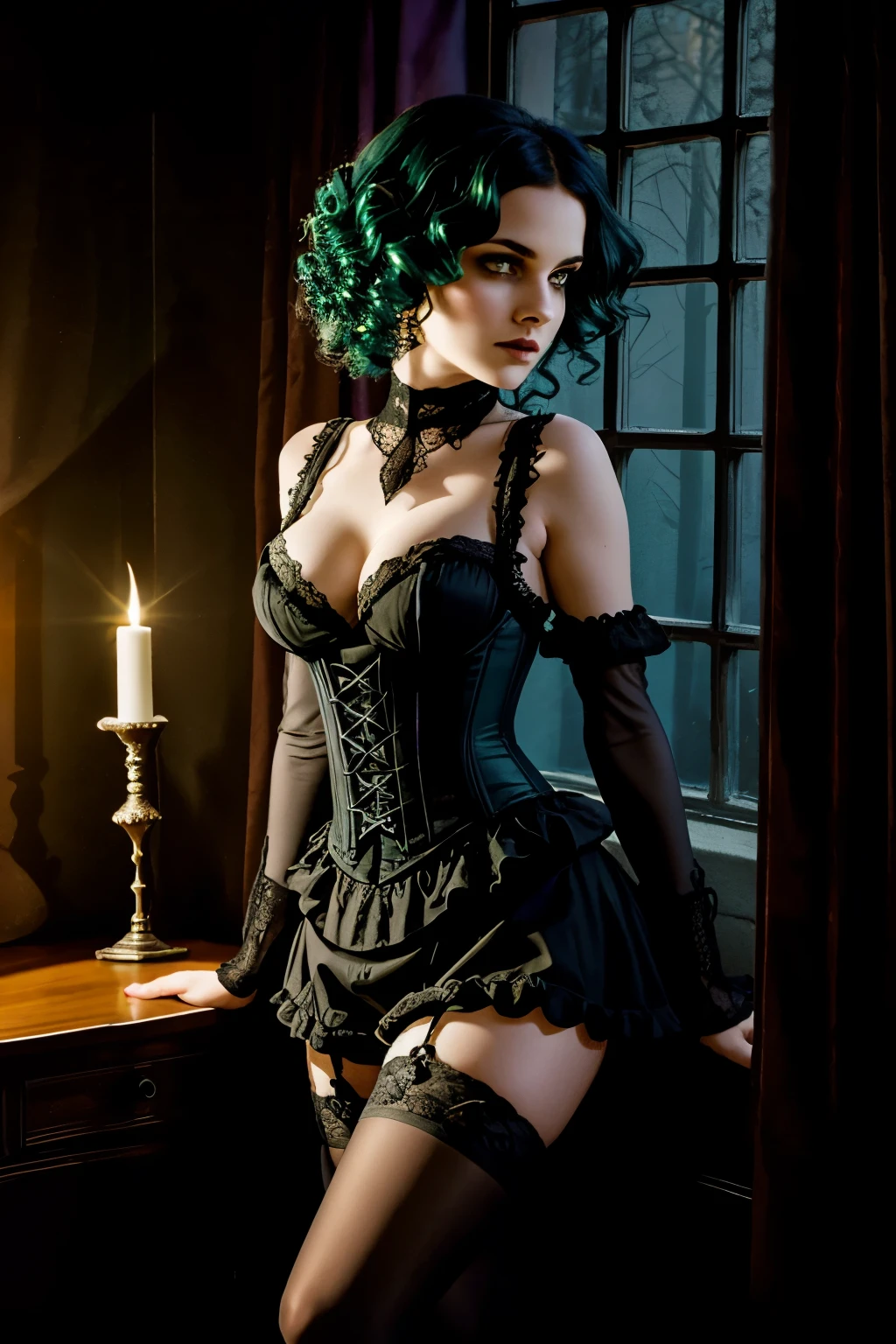 edgy goth woman wearing a Black lacy Victorian corset, upper body, Spiral curls, Emerald hair color, depth of field, hard shadows, night, dark , deep, grainy, silhouette lighting  black stocking and glowing yellow eyes.