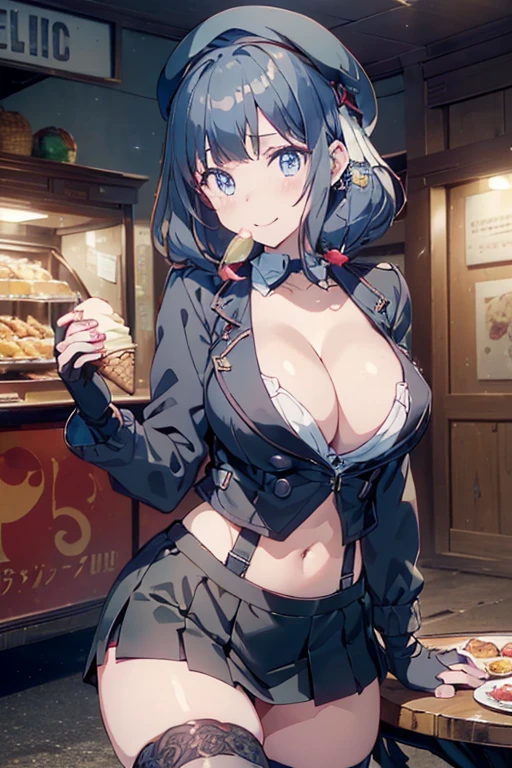 (from below:1.2),(from side:0.9), ((beautiful Face)), (Close-Up:0.6), ((looking at viewer, holding a icecream)),(Italian sweets magazine cover:1.4), highest quality、(real、photorealistic:1.5),(ultra high resolution,dark blue hair,long hair,side ponytail,hair between eyes,bangs, (beret, black jacket, open clothes, cleavage, midriff, black perfect mini skirt, black thighhighs, thigh strap, fingerless gloves, single glove:1.2), (double breasted,under bust:1.2), sitting at a table, cute, anime visual of a cute girl, cute anime girl, eating cakes, young anime girl, guweiz, high quality anime artstyle, anime girl, artwork in the style of guweiz, beautiful anime girl, pretty anime girl, (anime girl), official artwork,(with sparkling eyes and a contagious smile),her thin pubic hair, looking at viewer, pose muy sexy"