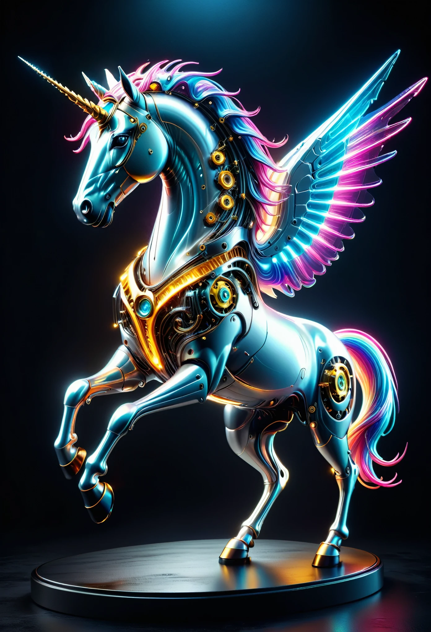 (Mechanical Unicorn:1.5)，Mythical creatures , (Mythical Machine), (Mechanobiology)，Mysterious，phantom，transparent，Bioluminescence，Divine Light，fluorescence，Charm，mystery，Bright colors，Detailed explanation，real，超级real，A spectacular technological fantasy，epic surrealism，Spectacular future fantasy，Bright colors