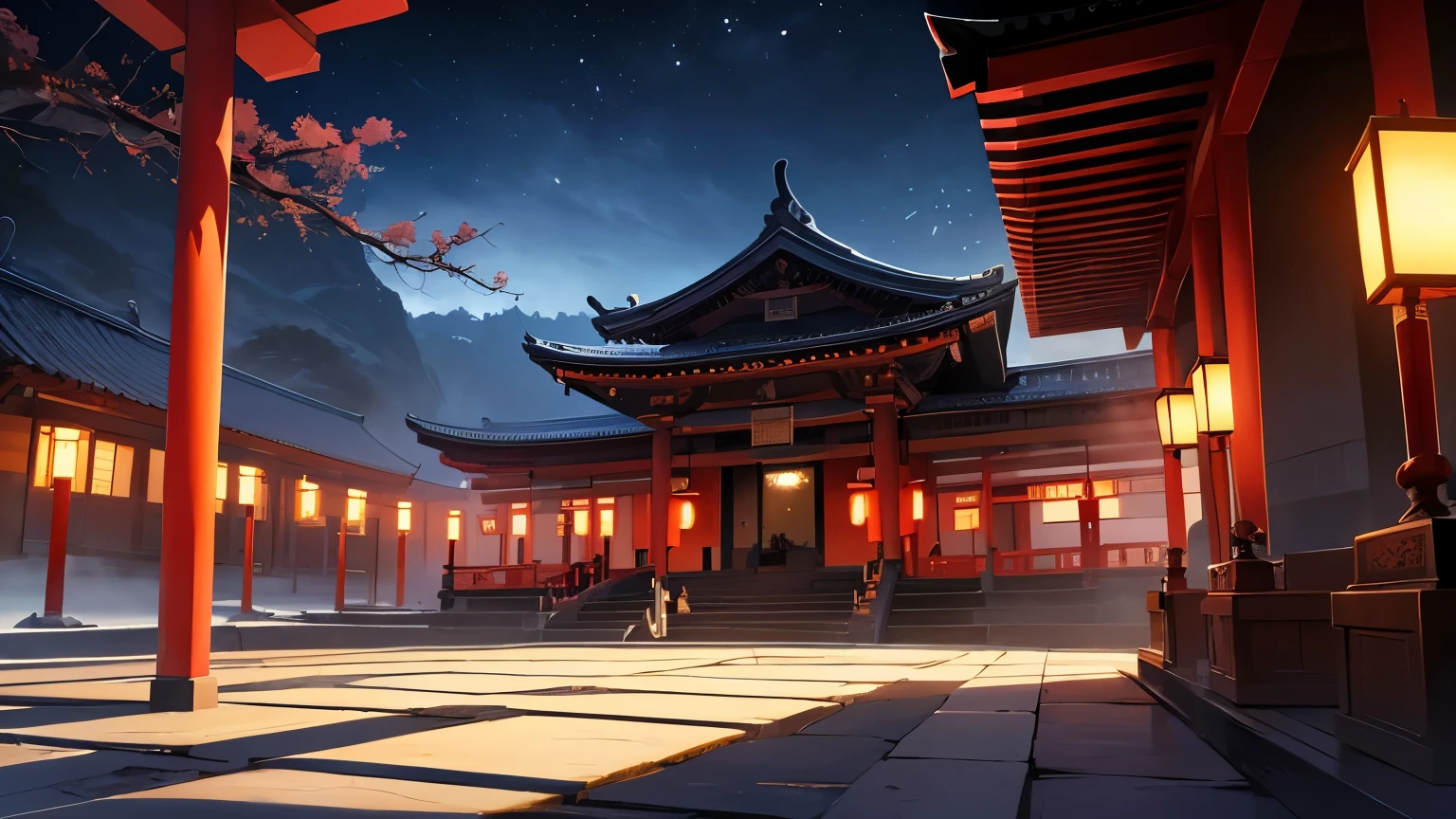 lugar oriental, tonalidade escura, cenario escuro, preto e vermelho, china, templo por fora, sombra ao fundo de samurai com espadas, templo visto de fora, entrada do templo frente, ambiente noite, dark sky