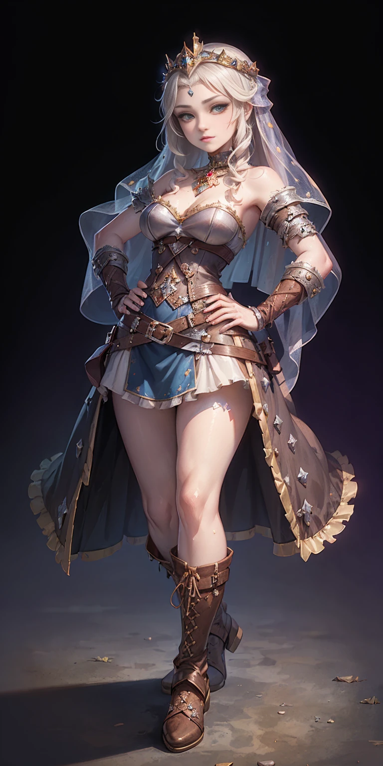 ((plain background)) full body of a woman in a dress with a veil, feet together, standing feet together, military boots, beautiful fantasy maiden slave warrior, beautiful fantasy art portrait, fantasy Victorian art, medieval fantasy art, beautiful and elegant queen Roxxane, portrait of queen of light, fantasy portrait art, gothic fantasy art, a beautiful fantasy empress, hands on hips