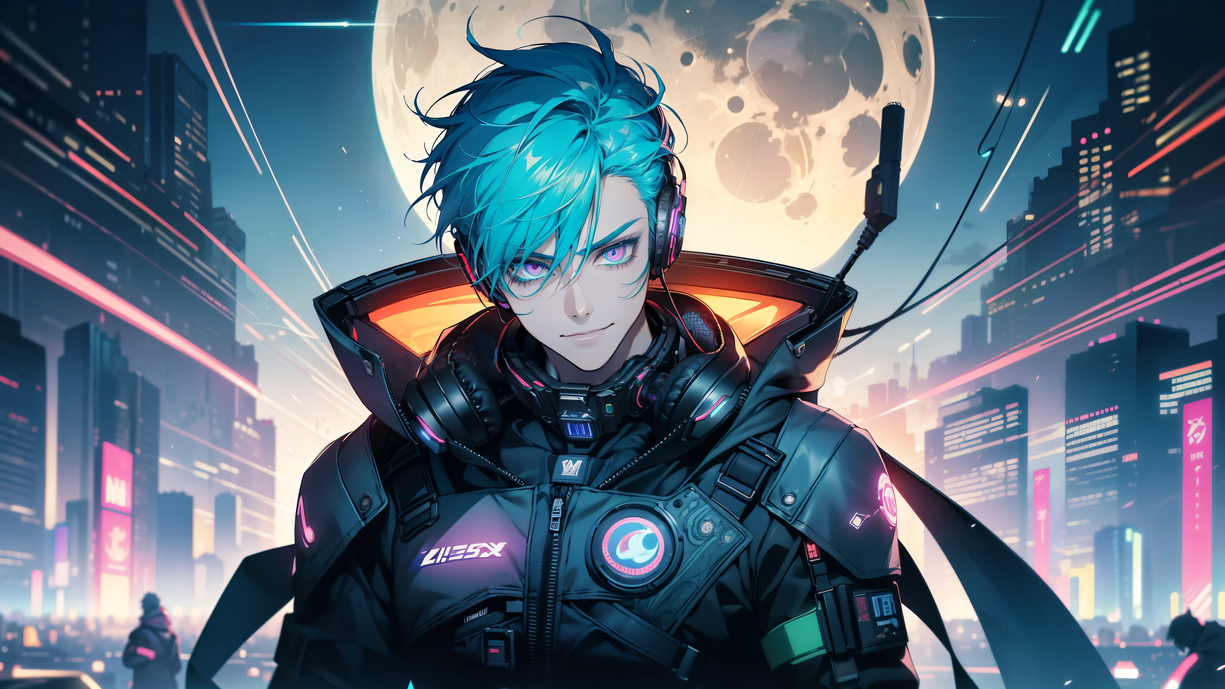 1boy, (extremely beautiful), solo, male focus, cyberpunk, neon lights, vibrant colors, headphones, Cyberpunk, neon, masterpiece, best quality, ultra-detailed, cyberpunk background, detail, in the starry night, moon, explosive and clear eyes, glowing eyes, beautiful details in the wind, little smile. thinking and watching the moon