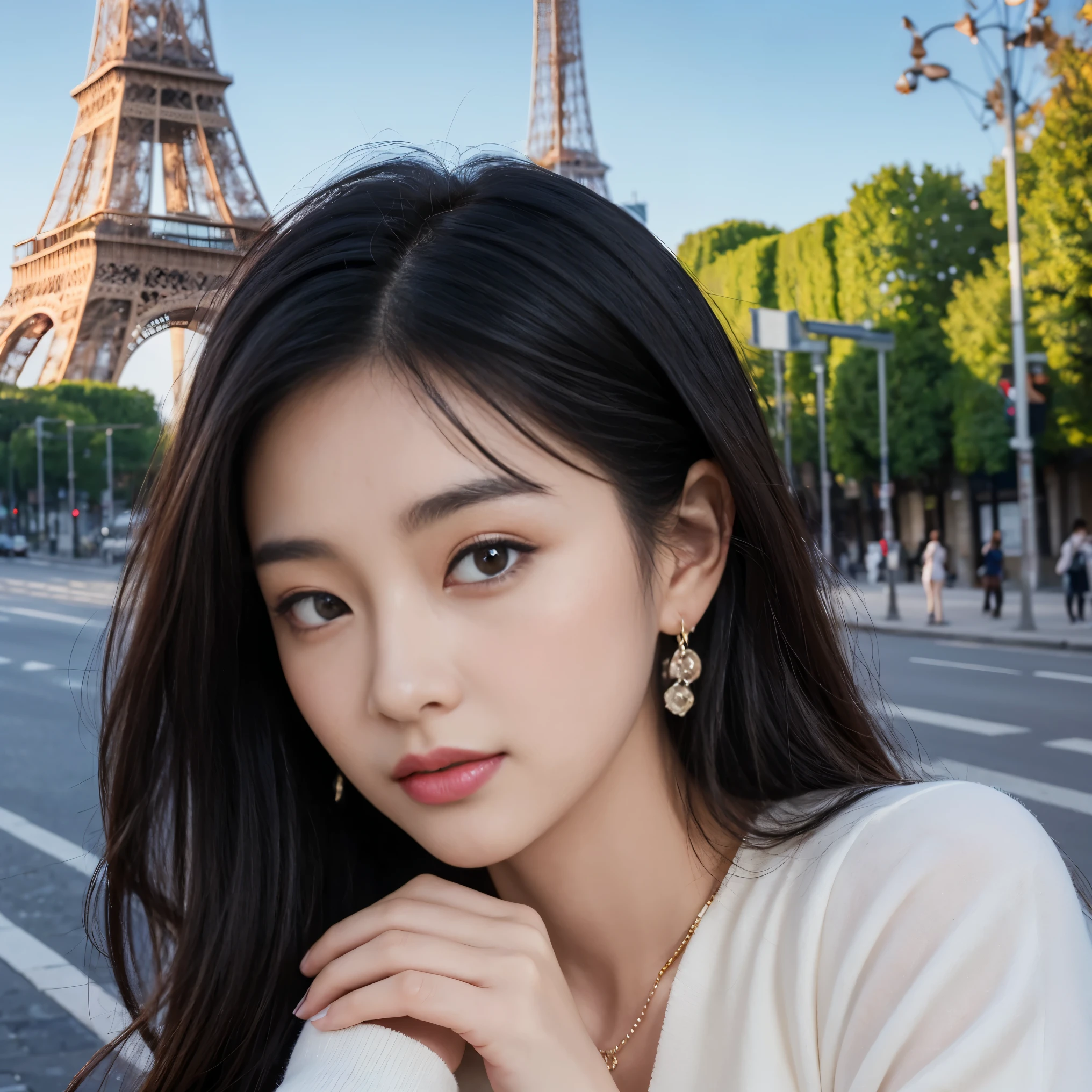Create a realistic image of a 25-year-old Korean influencer with black hair. She is a fashion figure, always standing out with her unique style. Her black hair is long and silky, gently falling over her shoulders. Her eyes are almond-shaped and expressive, with long and well-defined eyelashes. Her skin is flawless, with a fair tone and a naturally radiant appearance. She has lightly rosy cheeks and soft, slightly pink lips. Her expression is confident and slightly smiling.
Clothing and Accessories: She dresses in fashionable clothes, combining classic and modern pieces. In this case, she is wearing an elegant black dress with delicate details. She complements the look with subtle accessories, such as small earrings and a delicate necklace. Her nails are impeccably painted in a neutral shade.
Setting: The image takes place in Paris, with the Eiffel Tower in the background. She is posing on a busy street near the iconic landmark, surrounded by the charm and romance of the city. The setting is vibrant, with the Eiffel Tower standing tall and illuminating the scene with its enchanting lights.
Feeling: The image conveys a sense of confidence, style, and influence, set against the backdrop of Paris. She is portrayed as an inspiring young woman, ready to conquer the world with her talent and charisma, while embracing the beauty and allure of one of the most iconic cities in the world.