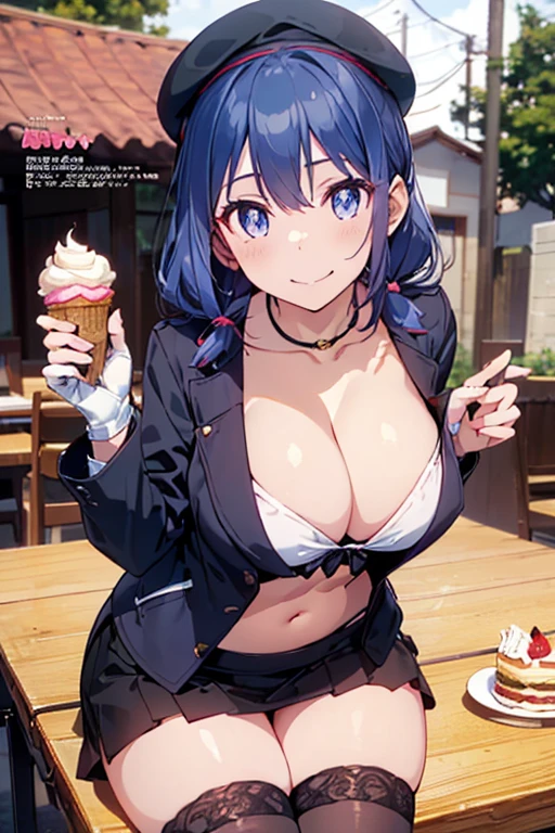 (from below:1.2),(from side:0.9), ((beautiful Face)), (Close-Up:0.6), ((looking at viewer, holding a icecream)),(Italian sweets magazine cover:1.4), highest quality、(real、photorealistic:1.5),(ultra high resolution,dark blue hair,long hair,side ponytail,hair between eyes,bangs, (beret, black jacket, open clothes, cleavage, midriff, black perfect mini skirt, black thighhighs, thigh strap, fingerless gloves, single glove:1.2), (double breasted,under bust:1.2), sitting at a table, cute, visual of a cute girl, cute girl, eating cakes, young girl, guweiz, high quality anime artstyle, anime girl, artwork in the style of guweiz, beautiful girl, pretty girl, official artwork,(with sparkling eyes and a contagious smile),her thin pubic hair, looking at viewer, pose muy sexy"