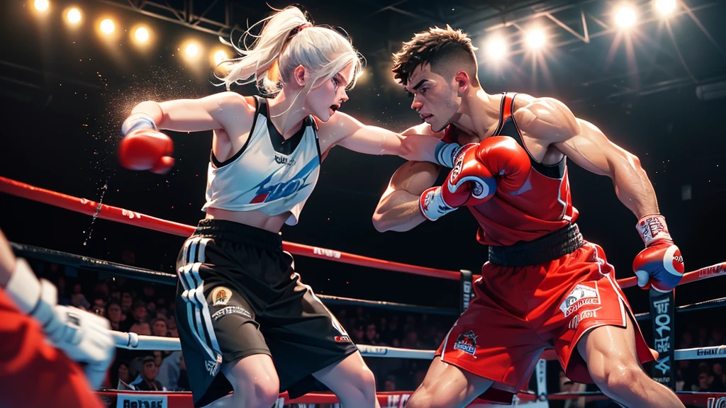 (best quality,4k,8k,highres,masterpiece:1.2),ultra-detailed,(realistic,photorealistic,photo-realistic:1.37),2_girls,boxing match,boxing ring,fighting,sweat and blood,determination,strong punches and powerful kicks,muscular bodies,adrenaline rush,victory in the air,powerful swings and jabs,energetic movement,fierce competition,athletic prowess,fast footwork and agility,intense rivalry,exciting crowd,blazing speed,swinging ropes,spotlights,punching gloves,fluid motion,endurance and stamina,face-off,corner men and coaches,cheering and clapping,aggressive fighting style,protective headgear,mouthguards,adrenaline-fueled race,unyielding resilience,competitive spirit,dynamic action,boxing fans,hard-hitting blows,noisy and intense atmosphere,battle for the championship,split-second reflexes,skilled footwork,ferocious hooks and uppercuts,feints and dodges,fighting for glory,fierce determination,boxing trunks,sweaty and tired bodies,body protection,bruised and bleeding faces,vibrant energy,unleashing their power,lit-up arena,unstoppable willpower,sweat-soaked ring,thunderous applause,unforgettable knockout moments,fighting for respect