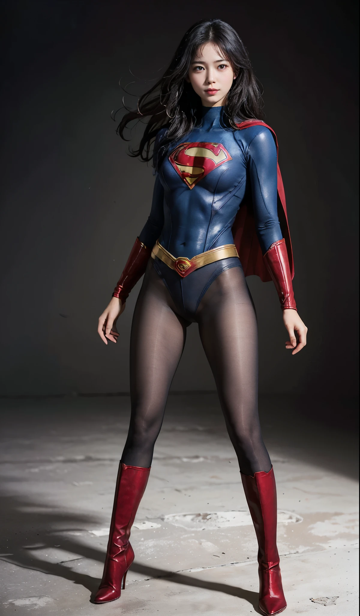 No background、(((Beautiful legs in black tights.)))、(((Legally express the beauty of your smile)))、((((Make the most of your original images)))、(((Supergirl Costume)))、(((Beautiful Hair)))、(((suffering)))、(((Please wear black tights....、Wear red boots)))、((Best image quality、8k))、((highest quality、8k、masterpiece:1.3))、(((Preserve background )))、Sharp focus:1.2、Beautiful woman with perfect figure:1.4、Slim Abs:1.2、Wet body:1.5、Highly detailed face and skin texture、8k
