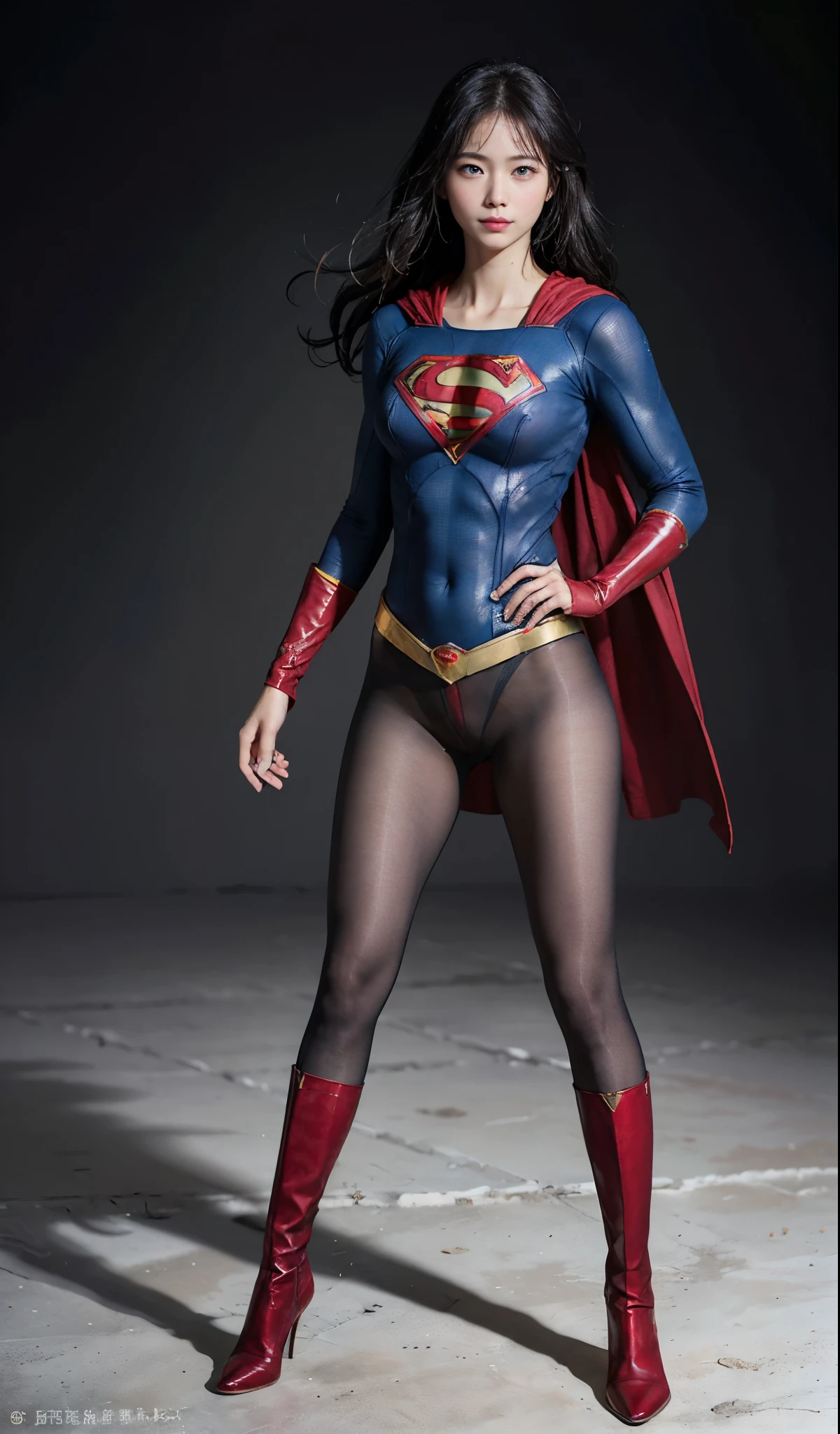 No background、(((Beautiful legs in black tights.)))、(((Legally express the beauty of your smile)))、((((Make the most of your original images)))、(((Supergirl Costume)))、(((Beautiful Hair)))、(((suffering)))、(((Please wear black tights....、Wear red boots)))、((Best image quality、8k))、((highest quality、8k、masterpiece:1.3))、(((Preserve background )))、Sharp focus:1.2、Beautiful woman with perfect figure:1.4、Slim Abs:1.2、Wet body:1.5、Highly detailed face and skin texture、8k