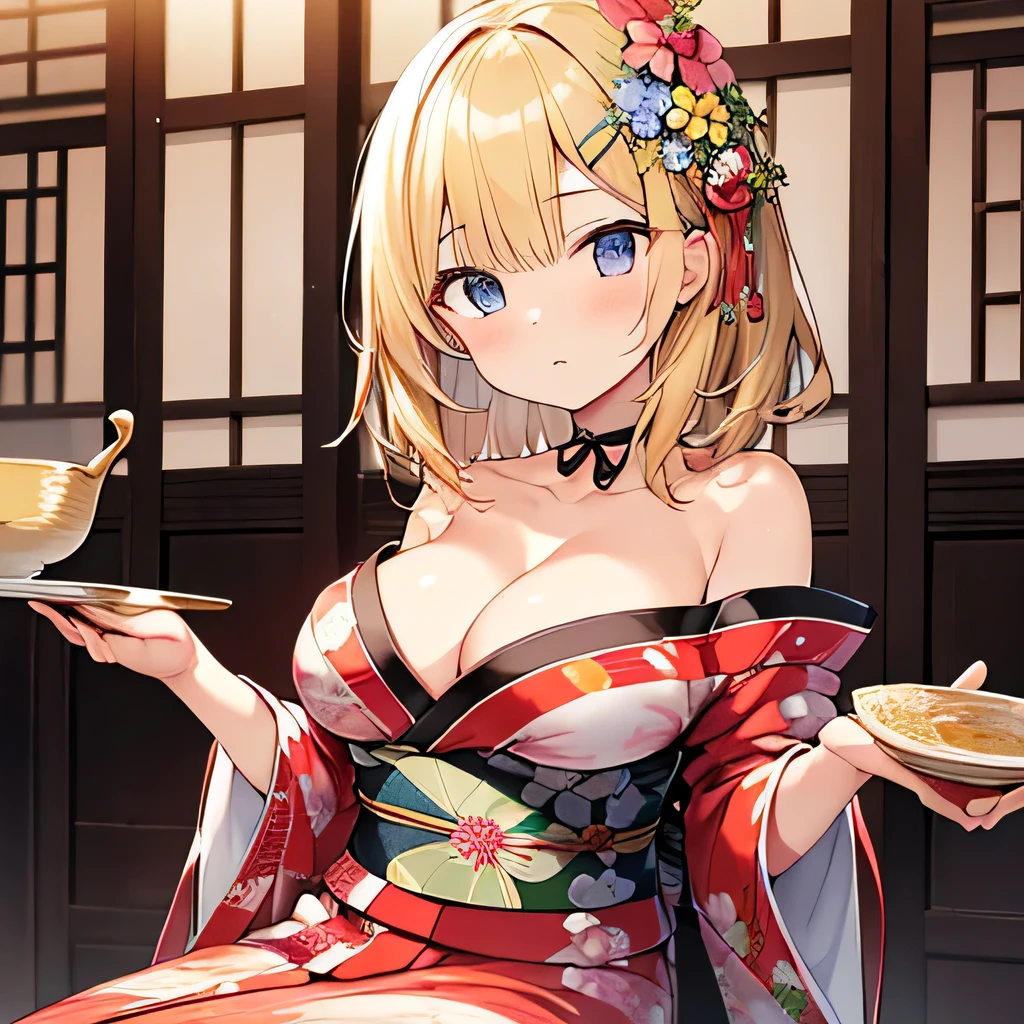 masterpiece、highest quality,Very detailed, Absurd beauty、(1 beautiful girl、Medium Hair、blonde、Very ample breasts)、Keep your head small、Flower pattern kimono、Oiran style、Emphasize cleavage、A cloth wrapped around the bottom of the kimono