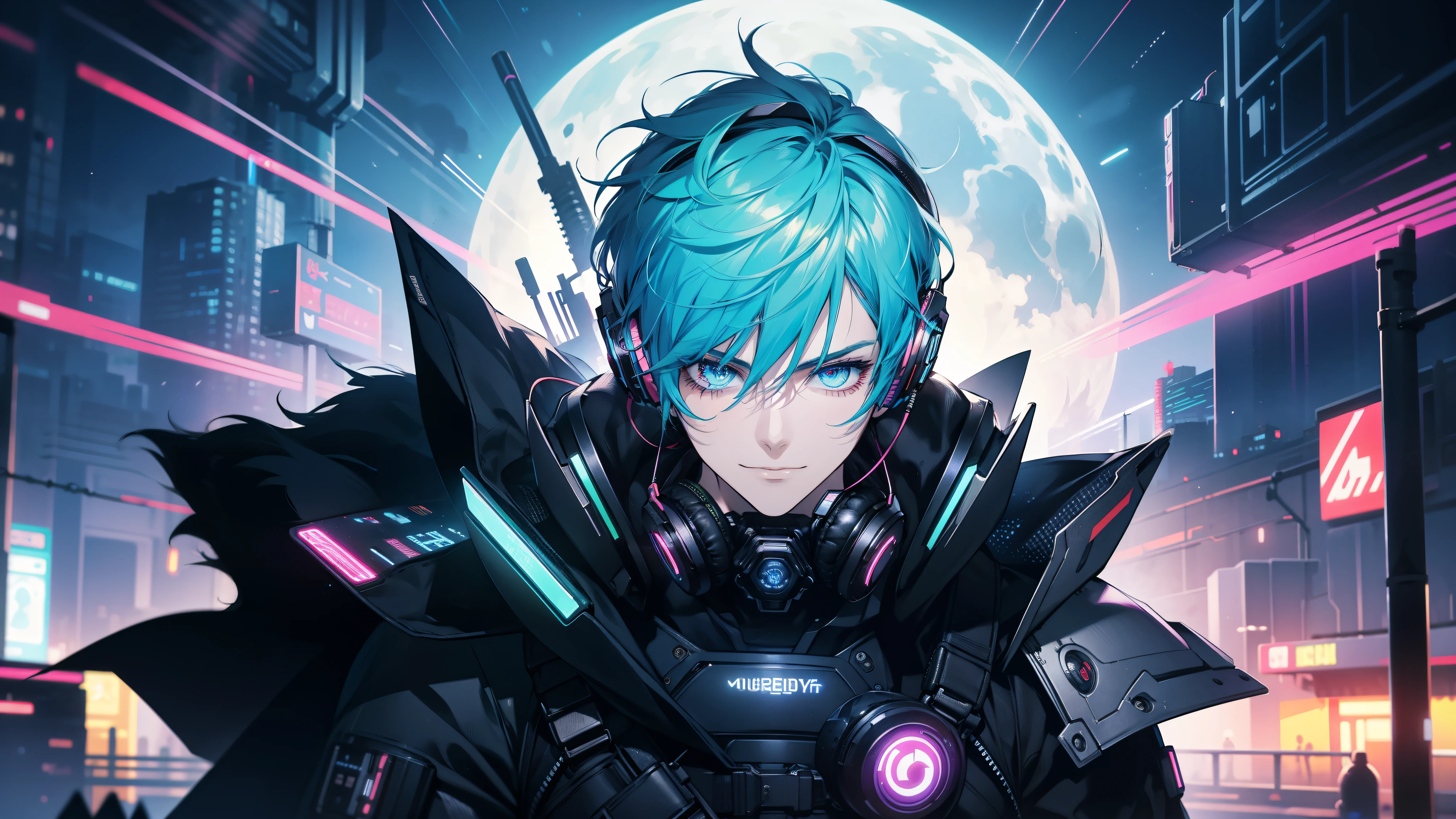 1boy, (extremely beautiful), solo, male focus, cyberpunk, neon lights, vibrant colors, headphones, Cyberpunk, neon, masterpiece, best quality, ultra-detailed, cyberpunk background, detail, in the starry night, moon, explosive and clear eyes, glowing eyes, beautiful details in the wind, little smile. thinking and watching the moon. full body, DJ. HAVING FUN.