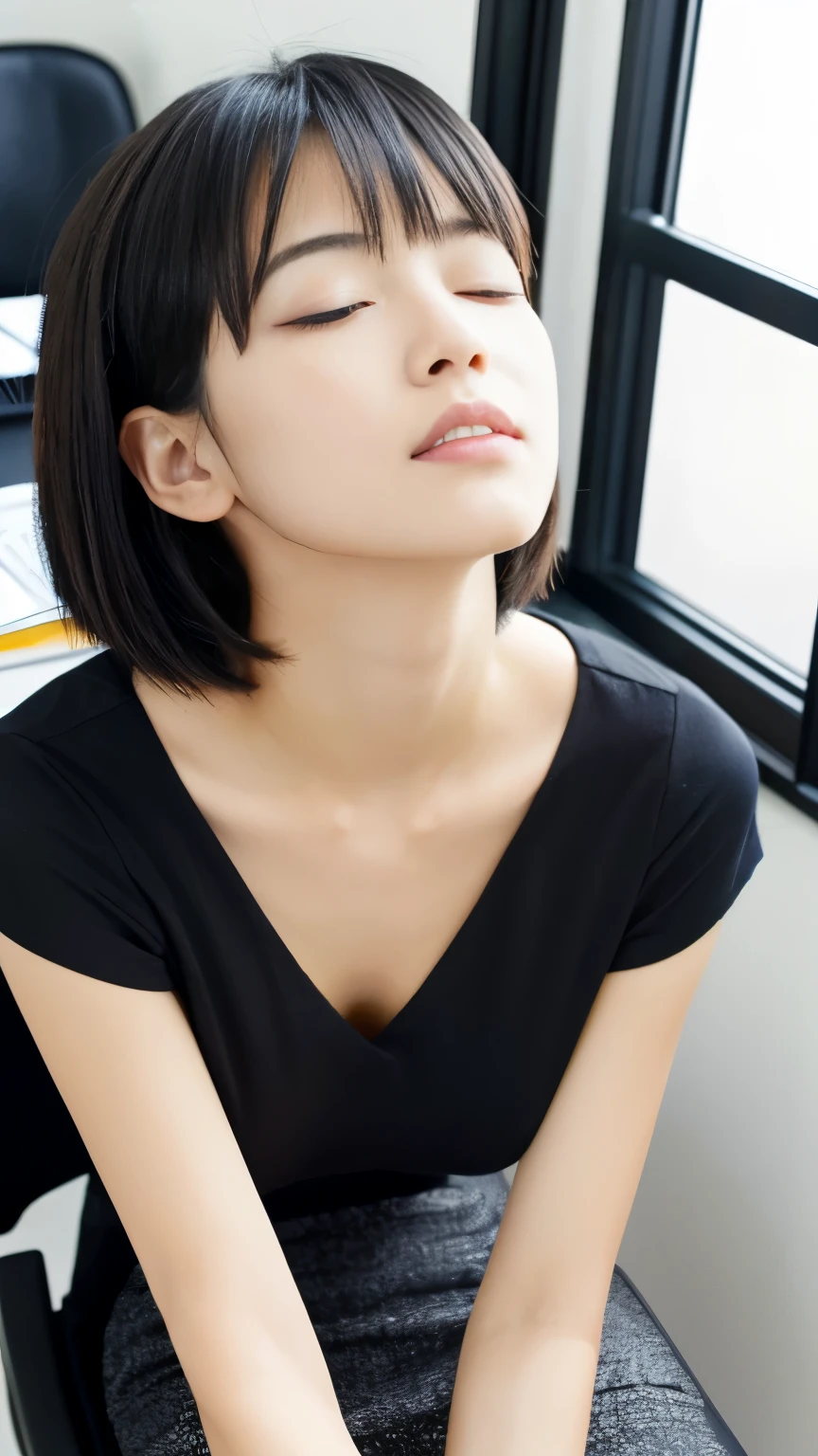 High resolution、Photorealistic、Hyperrealism、(From above)、Slender body、Realistic、Beautiful Japanese Women、Black-haired、Lots of Bangedium Bobs、Detailed face、Detailed lips、Beautiful Eyes、Glowing Skin、one person、Ideal beauty、(Big Breasts、White lightweight V-neck T-shirt、Black pencil skirt、Sit in an office chair、look up、Half-close your eyes、Sleepy eyes、Unconscious)