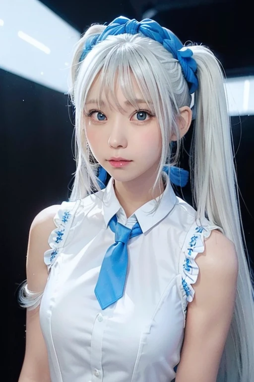{The theme is Hatsune Miku}、((White crazy long hair:1.5))、Twin tails、((Blue Ribbon Scrunchie:1.2))、((White sleeveless long shirt:1.3))、, Shiny Hair, Expressive hair, crystal hair, Gradient blue eyes, Artistic, Conceptual Art, Glitter effect , Shine, Ultra-high resolution, retina, masterpiece, Accurate, Anatomically correct, Very detailed, Attention to detail, Fine skin,Flat body、slim、、cute、(Crystal of snowの刺繍:1.3)、(Blue tie:1.3)、(((Crystal of snow)))、(Pitch black background:1.2)、head shot